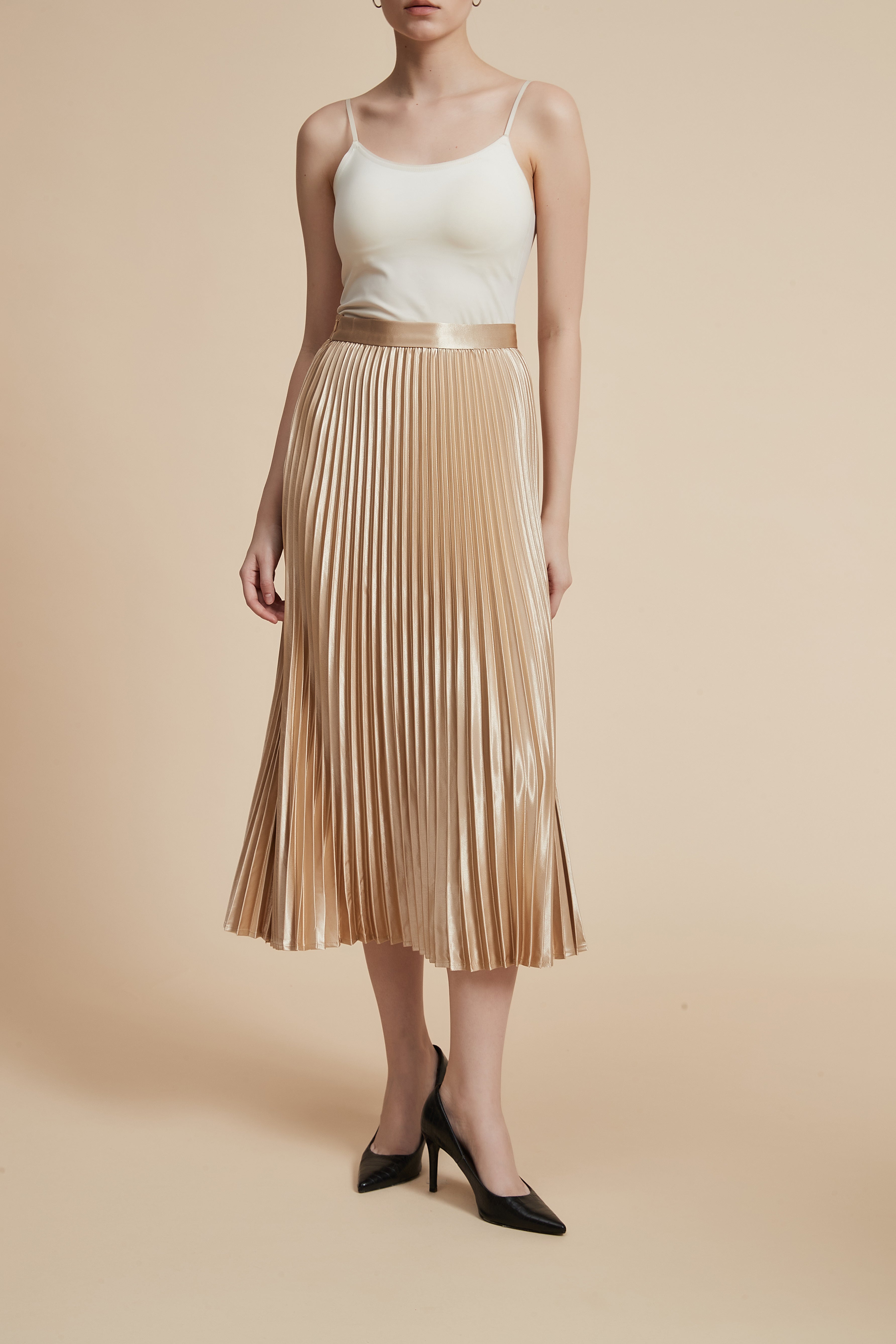 Solid Pleated Midi Skirt