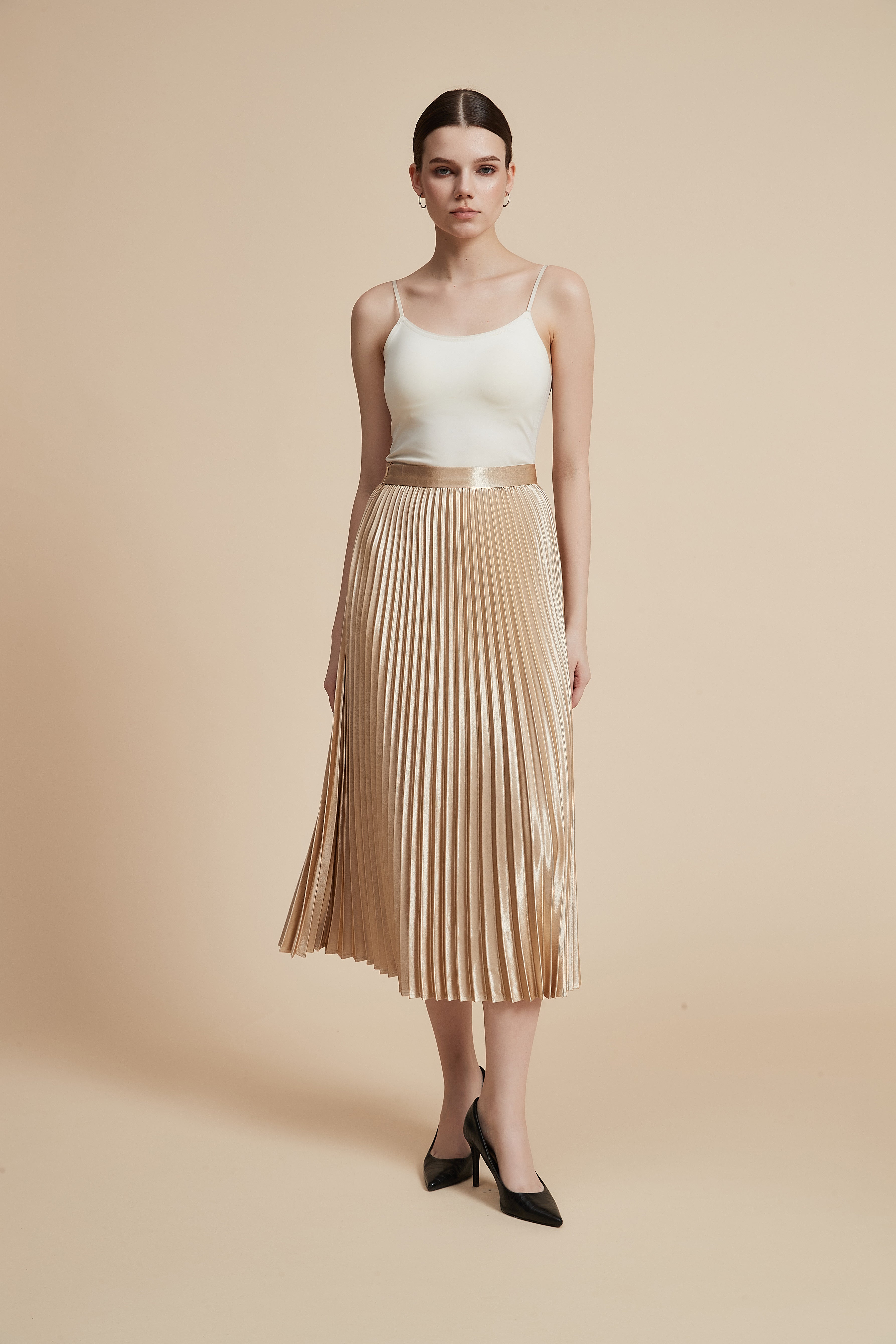 Solid Pleated Midi Skirt