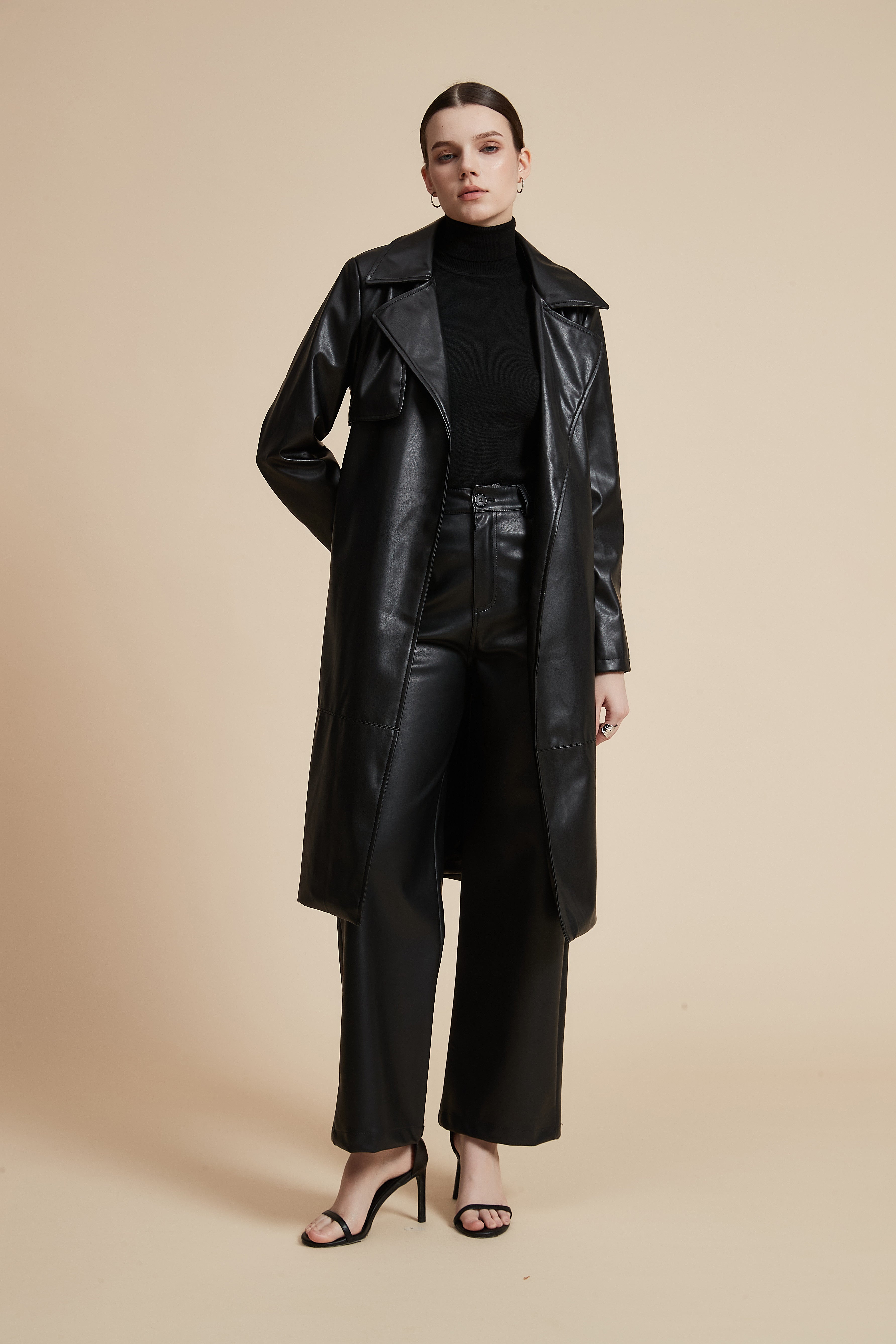 Knee-Length Solid Leather Jacket with Long Sleeves