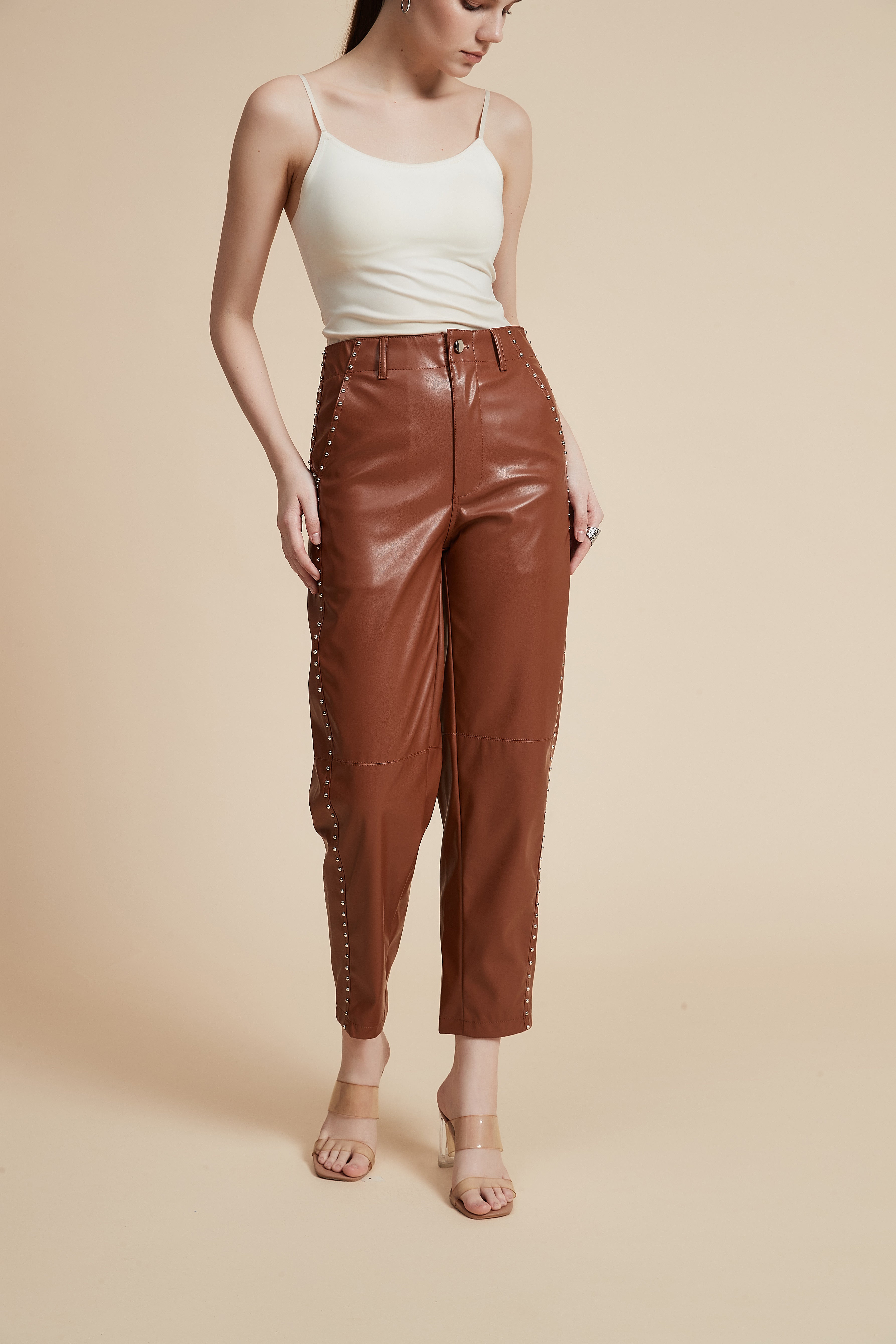 Embellished Leather Pants with Pockets
