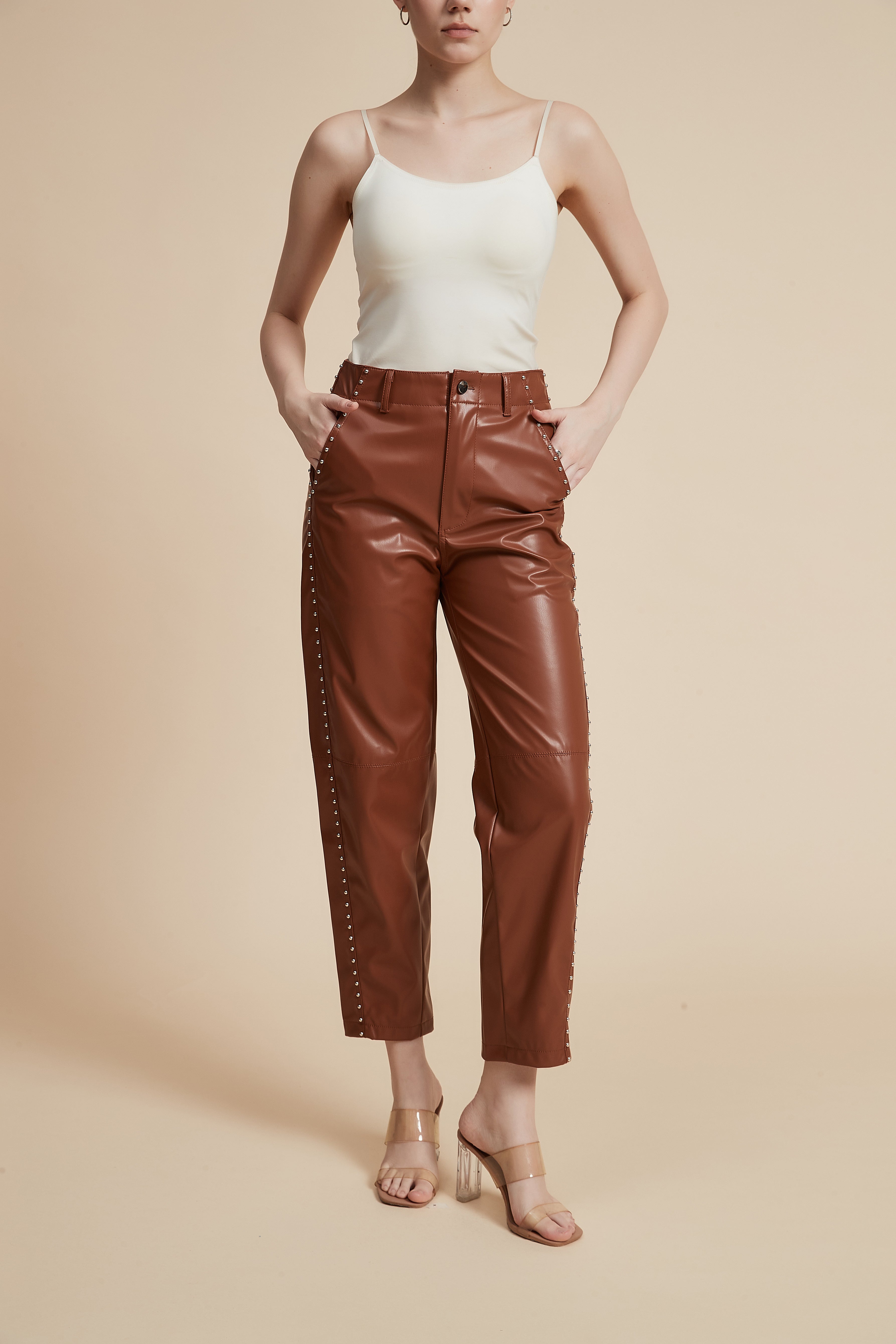 Embellished Leather Pants with Pockets