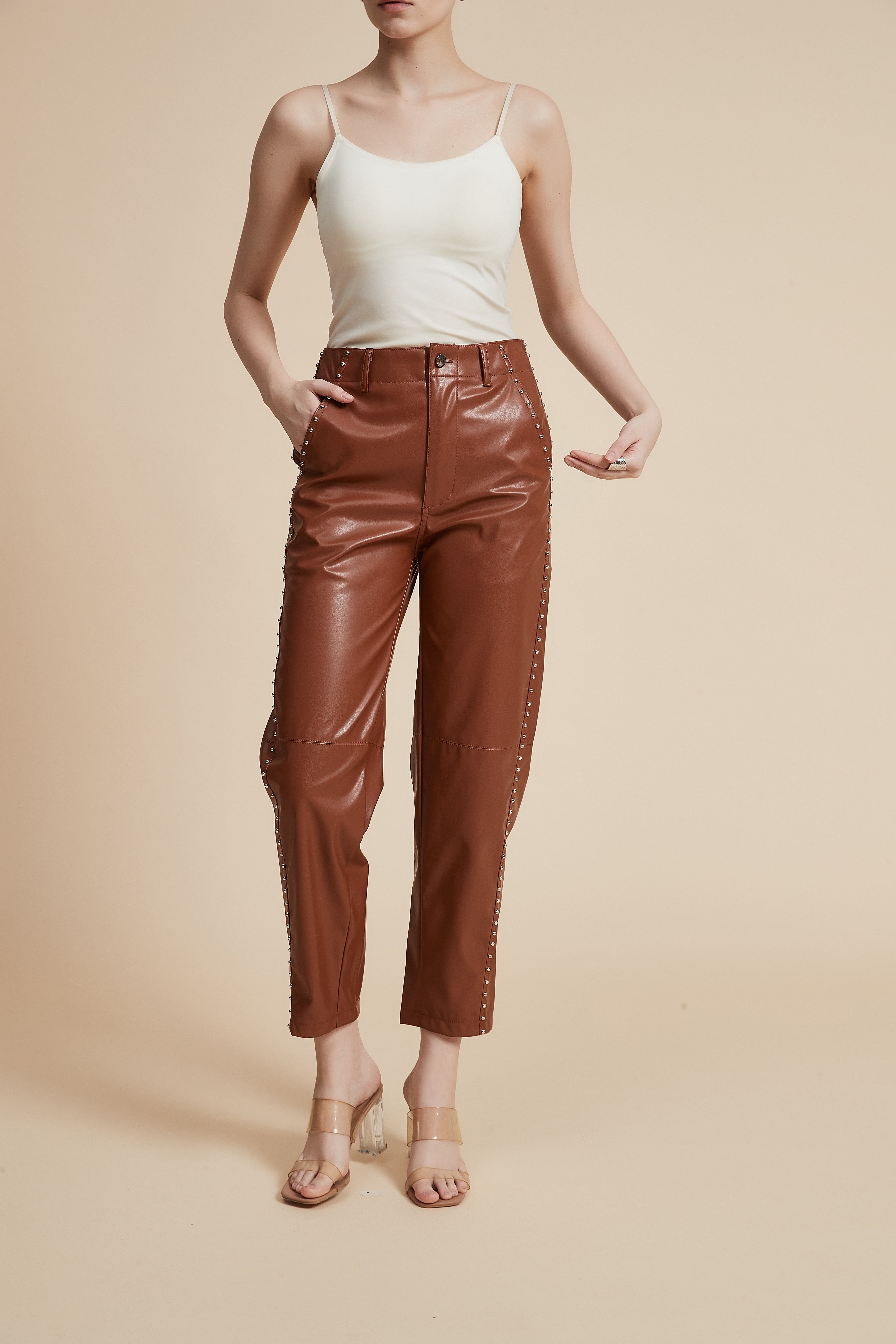Embellished Leather Pants with Pockets