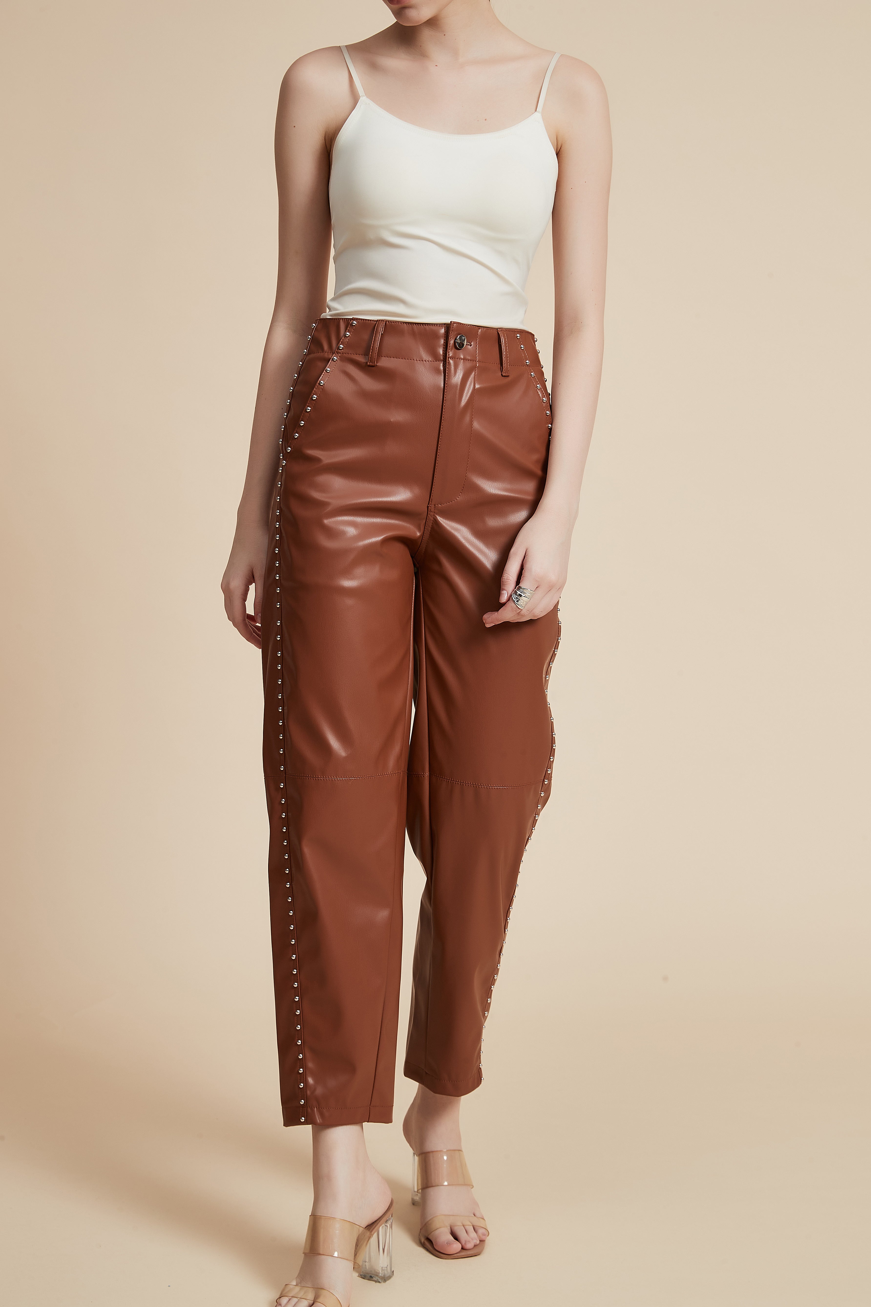 Embellished Leather Pants with Pockets