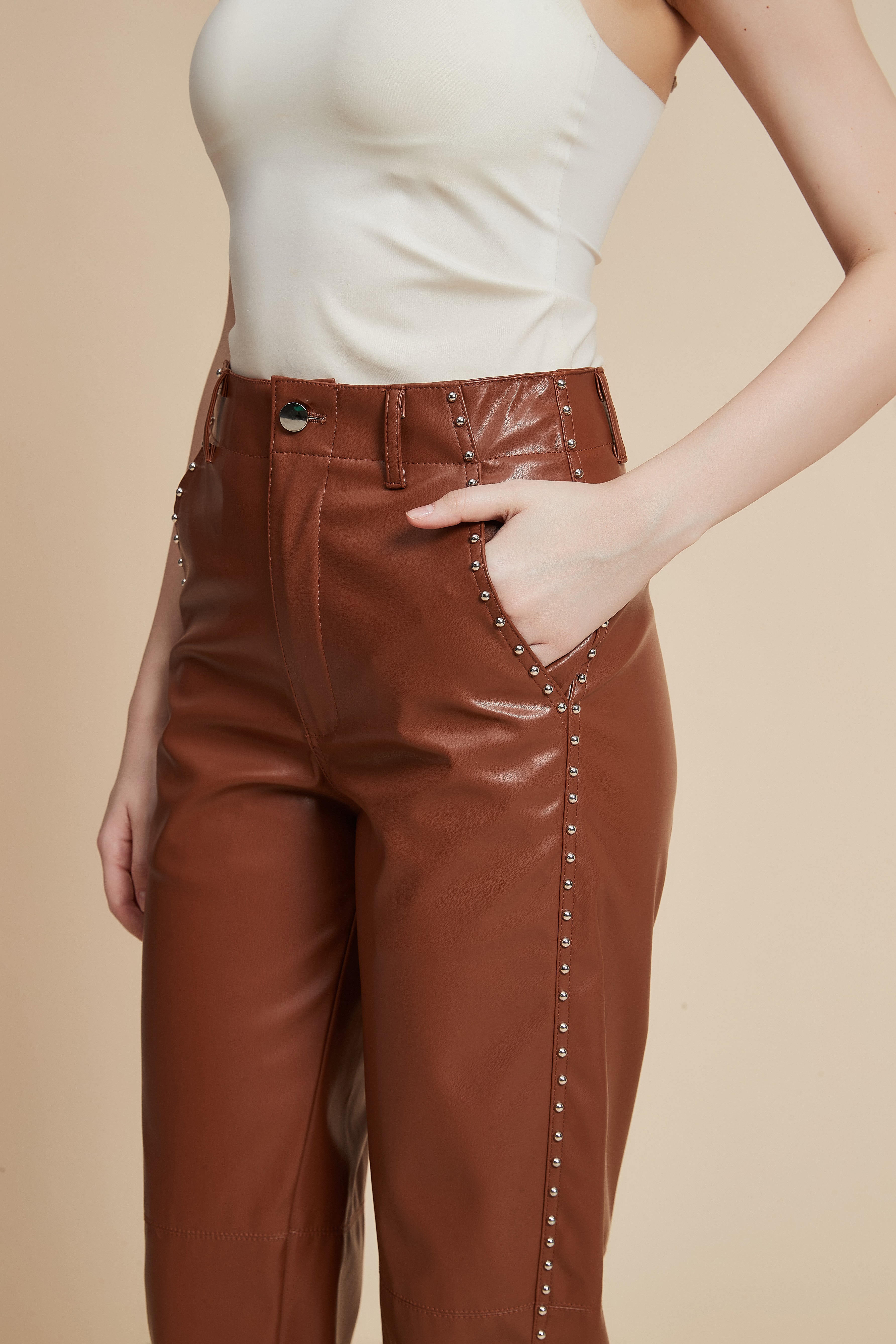 Embellished Leather Pants with Pockets