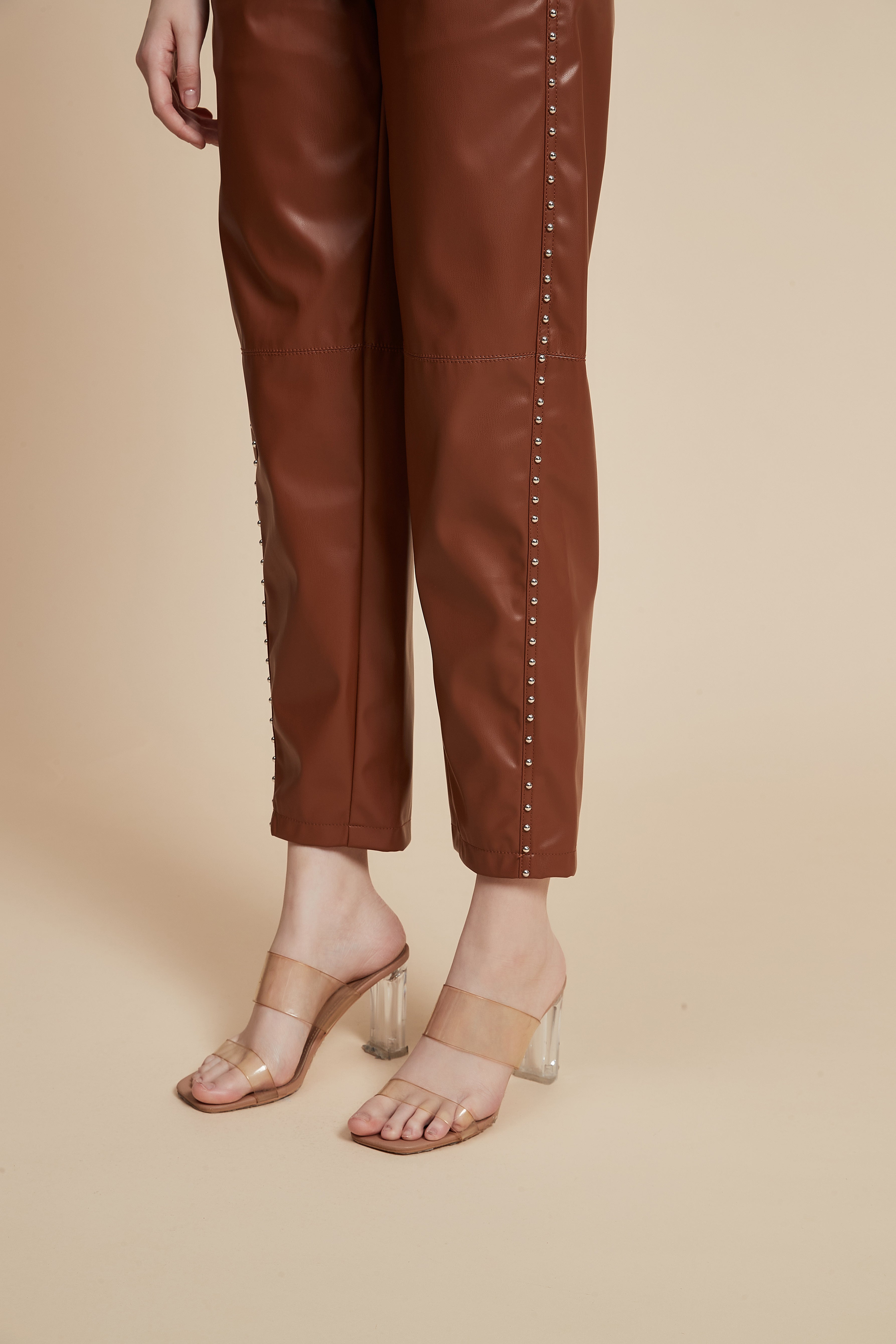 Embellished Leather Pants with Pockets
