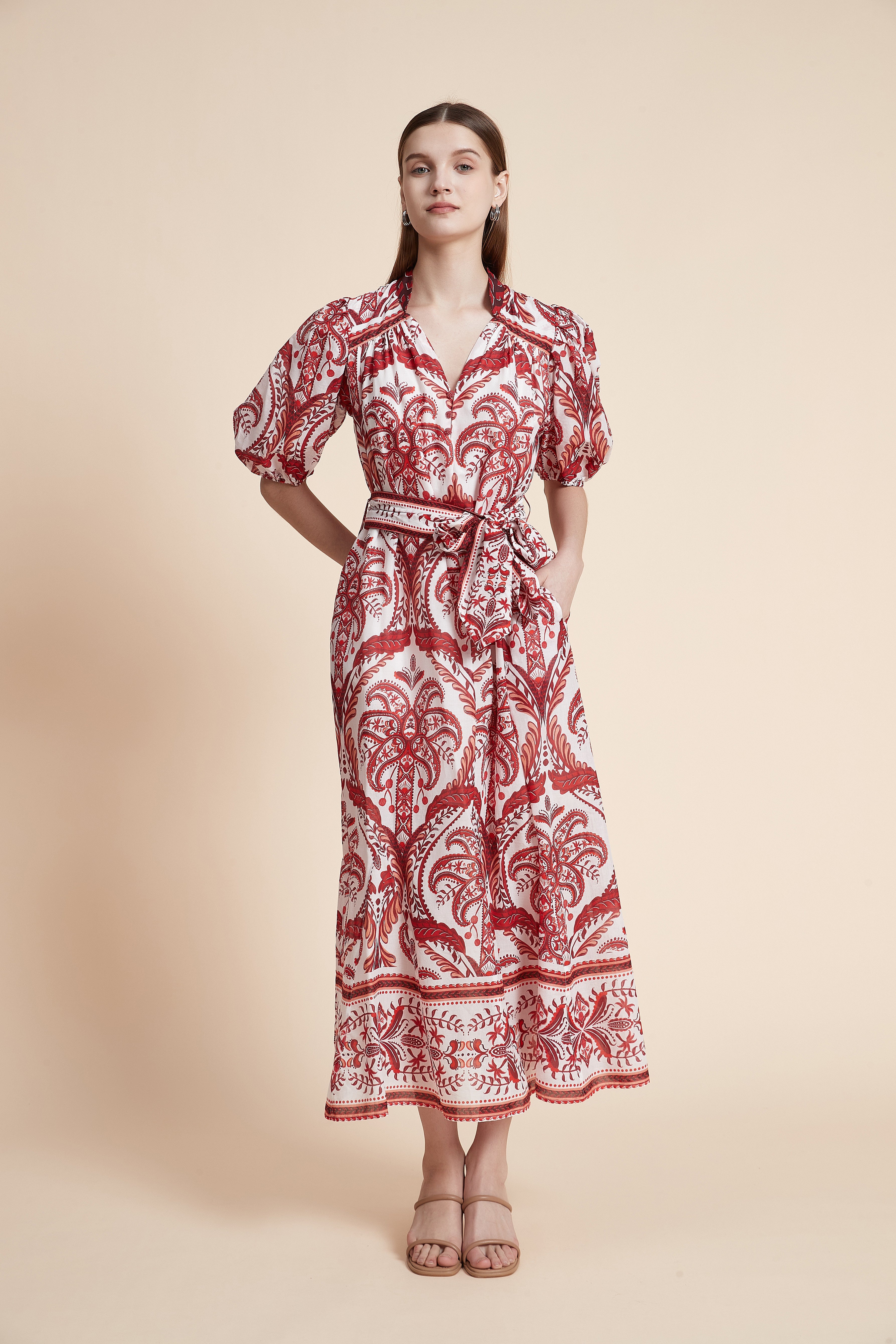 Printed Short Sleeve Maxi Dress with Waist Belt