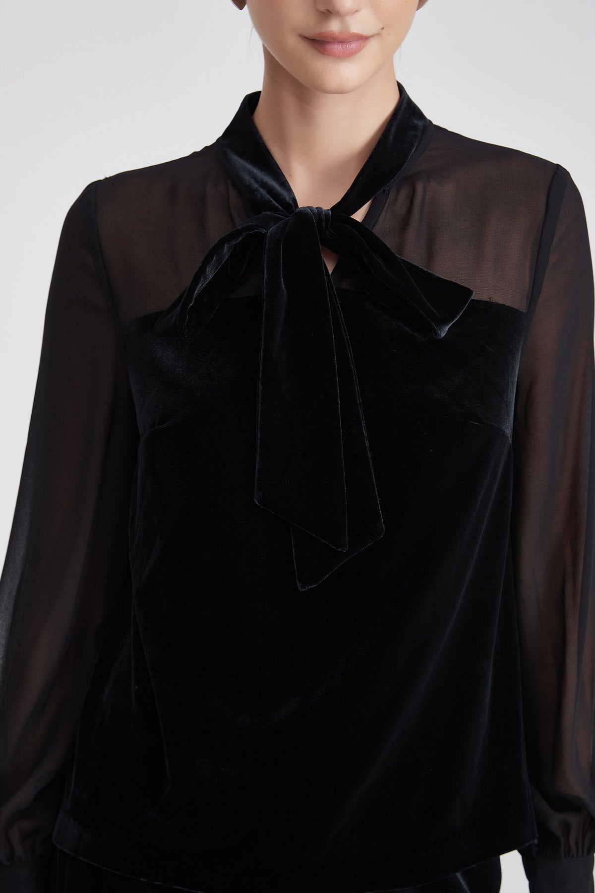 Velvet Blouse with Bow Neck and Sheer Chiffon Sleeves