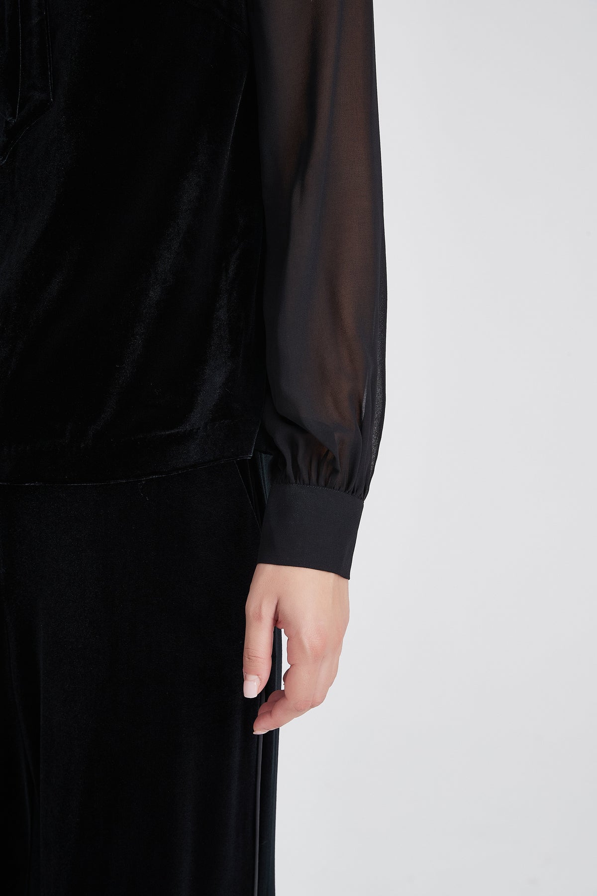 Velvet Blouse with Bow Neck and Sheer Chiffon Sleeves