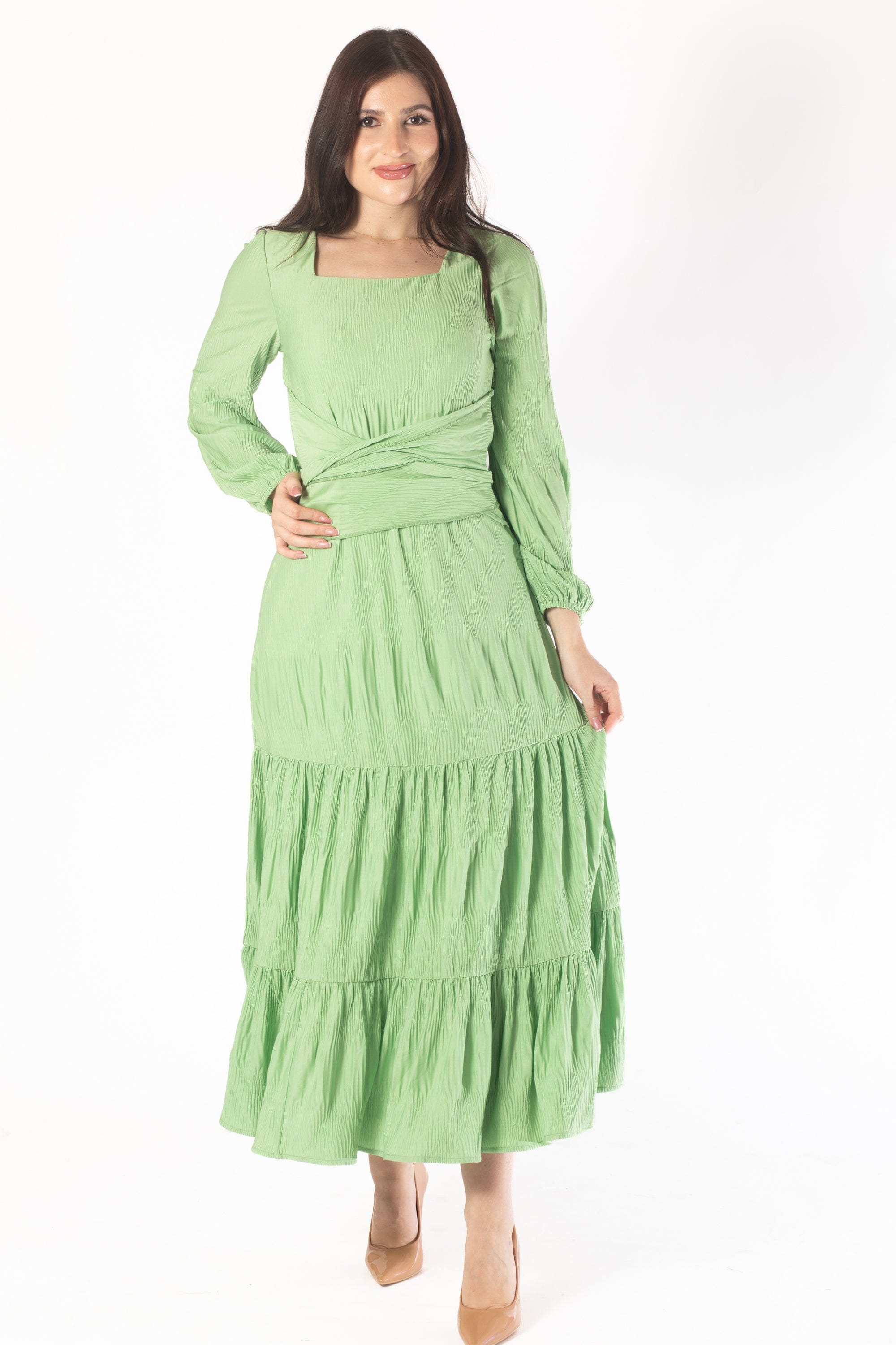 Yola Midi Dress with Long Sleeves and Fitted Waist