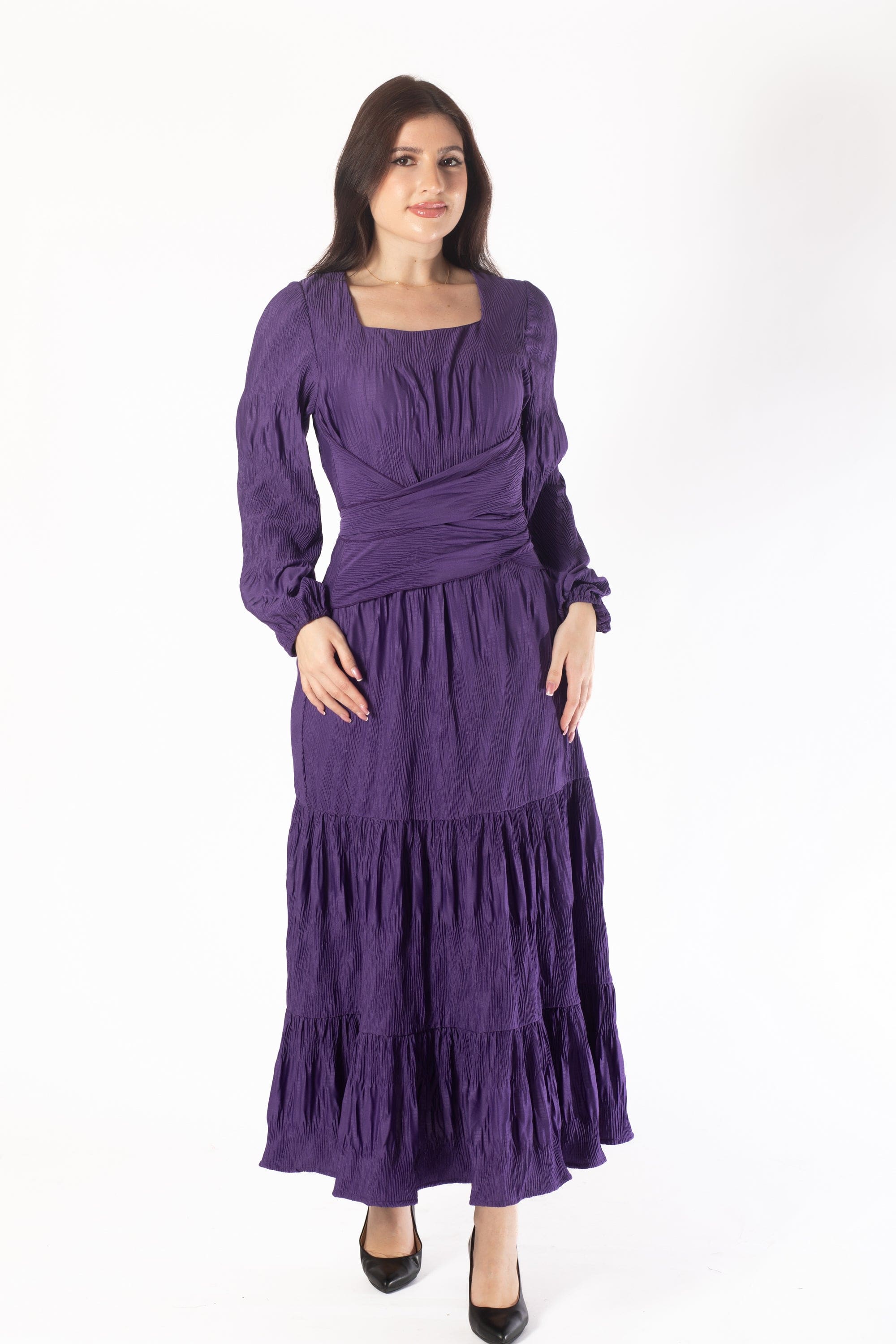 Yola Midi Dress with Long Sleeves and Fitted Waist