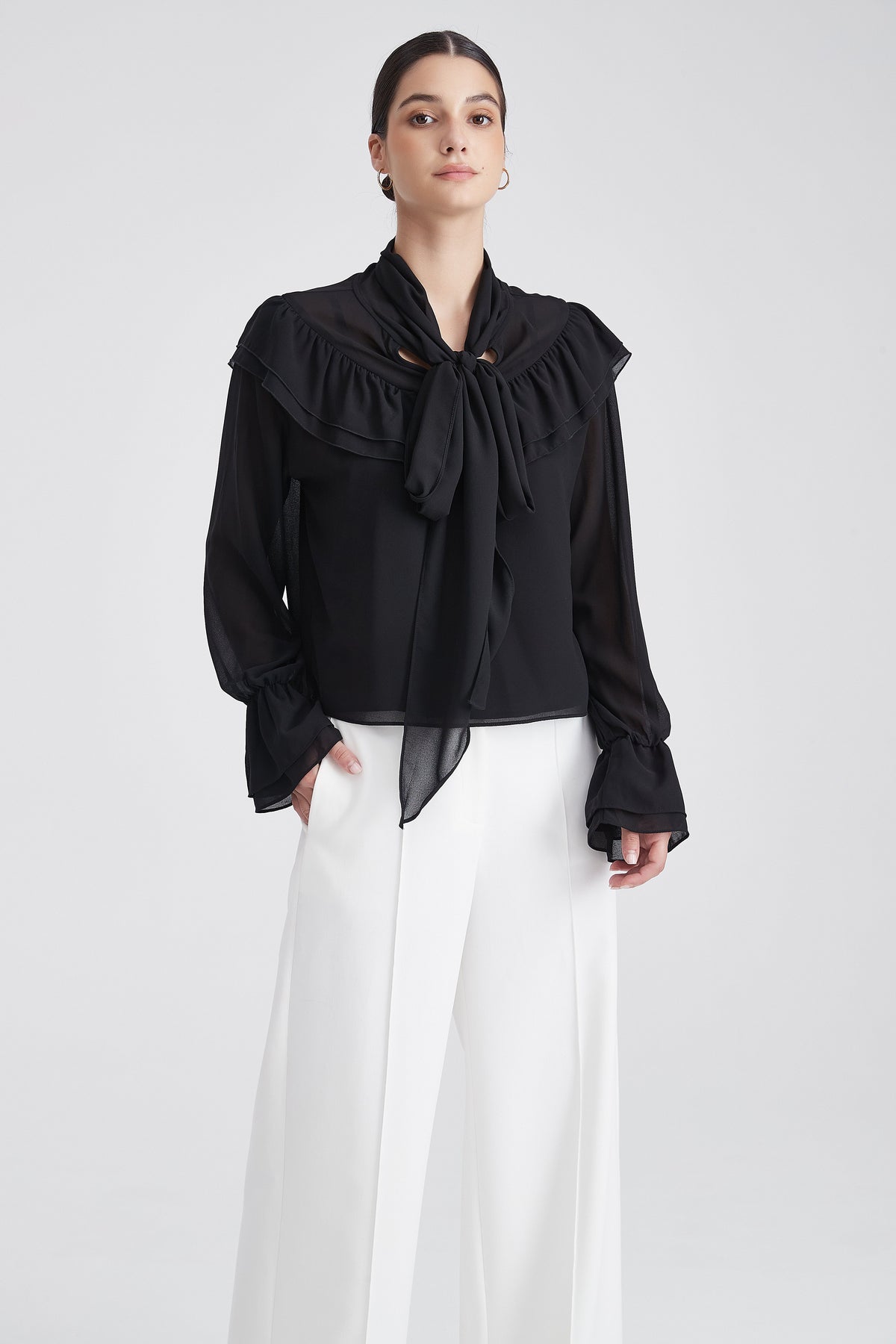 Plain Cropped Blouse with Tie Neck