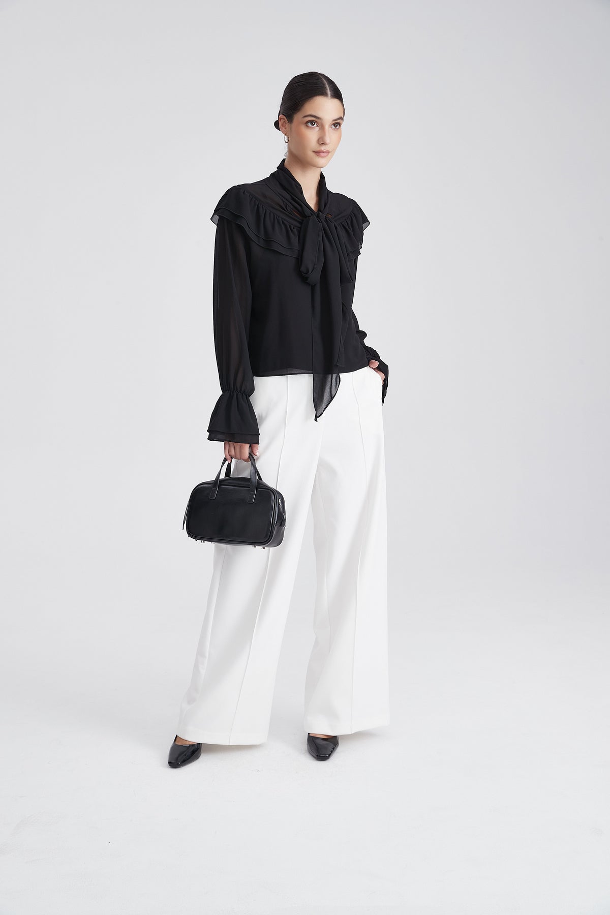 Plain Cropped Blouse with Tie Neck