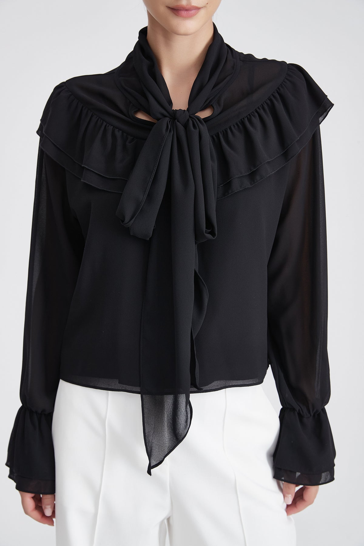 Plain Cropped Blouse with Tie Neck
