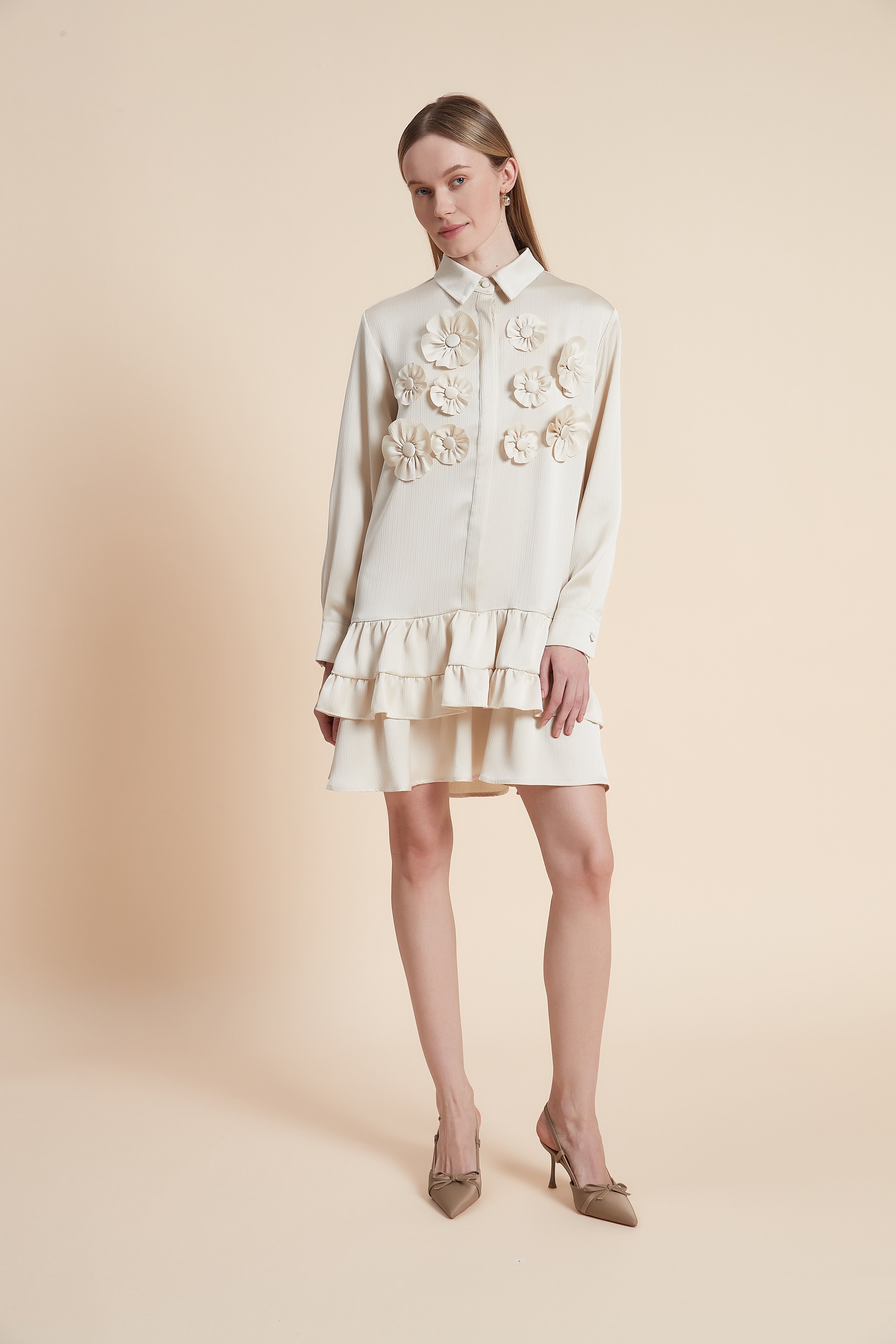 فستان قصير كم طويل مكشكش