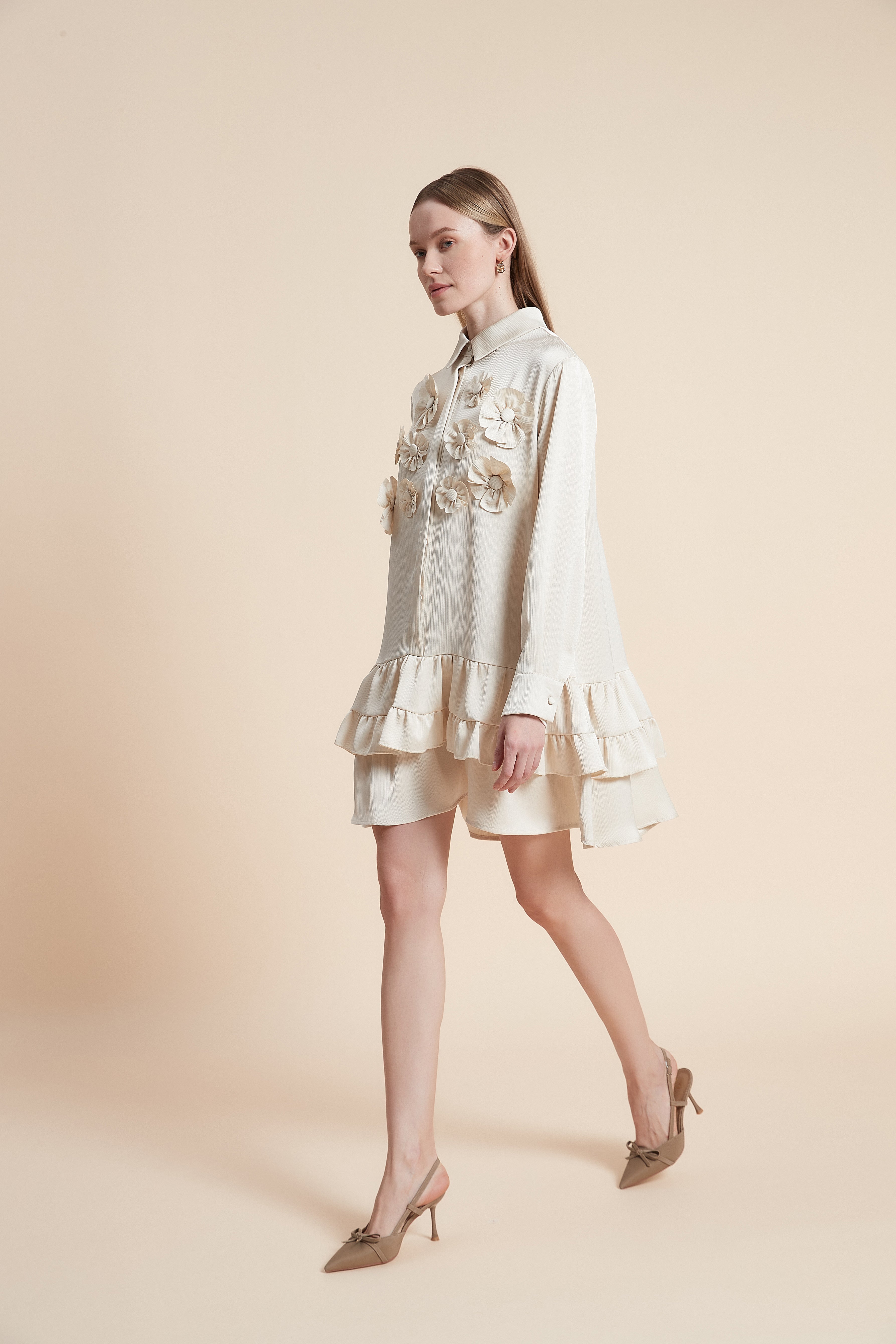 فستان قصير كم طويل مكشكش