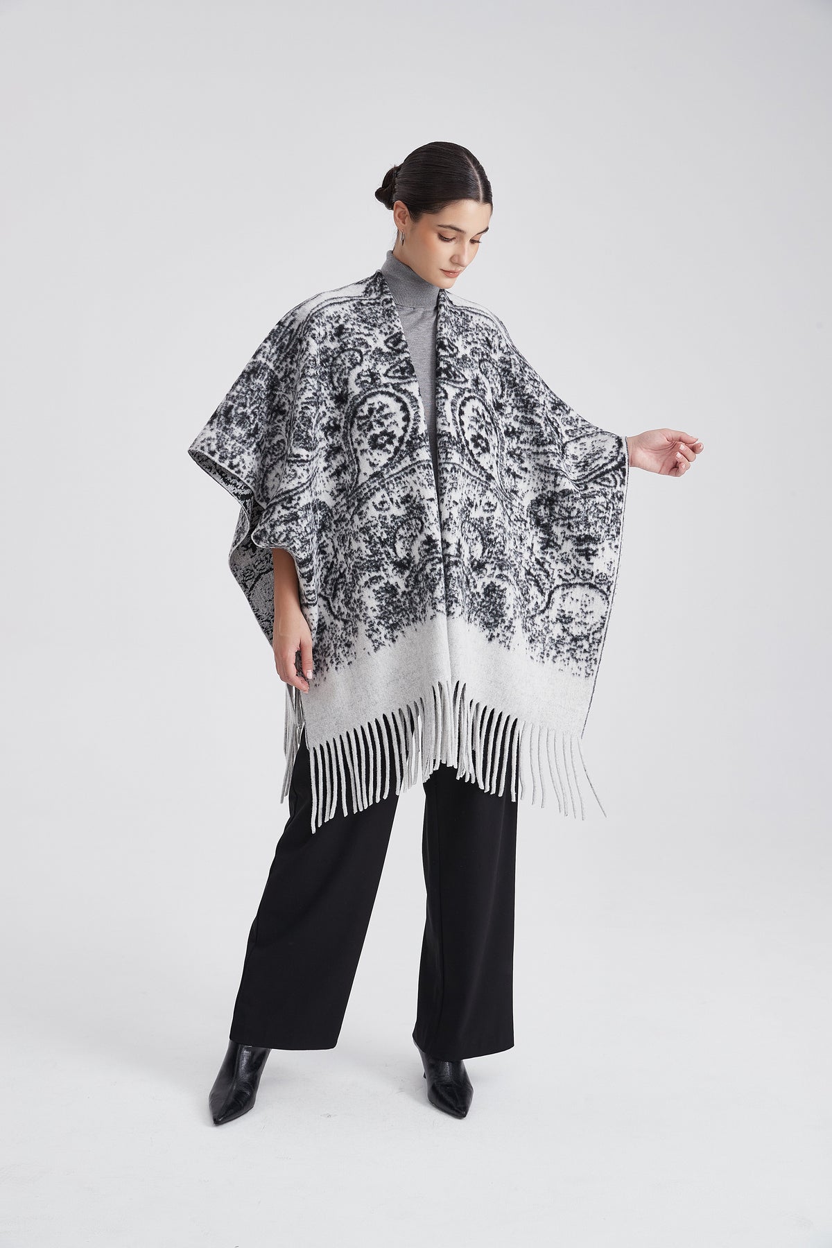 Long Patterned Poncho with Fringes