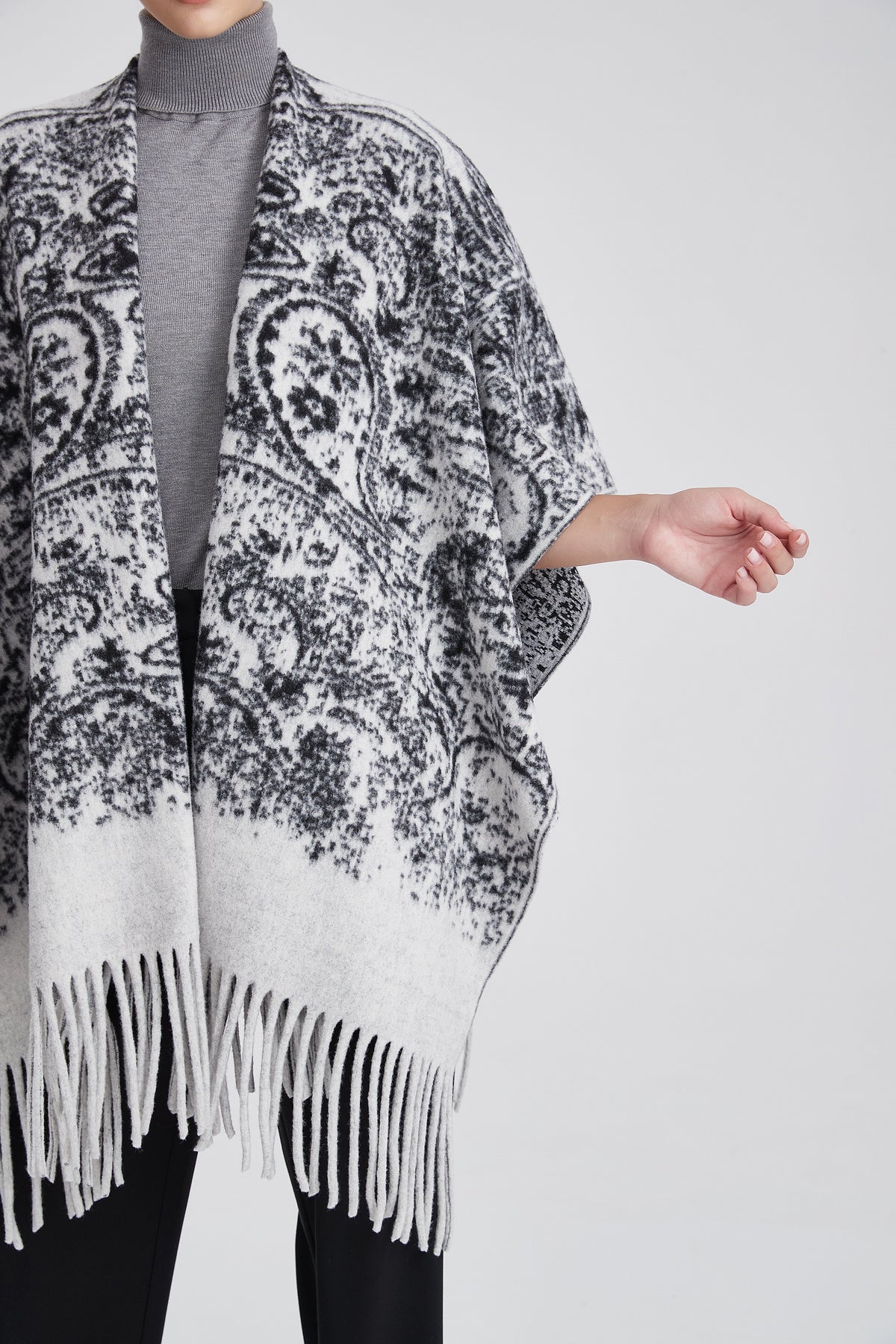 Long Patterned Poncho with Fringes