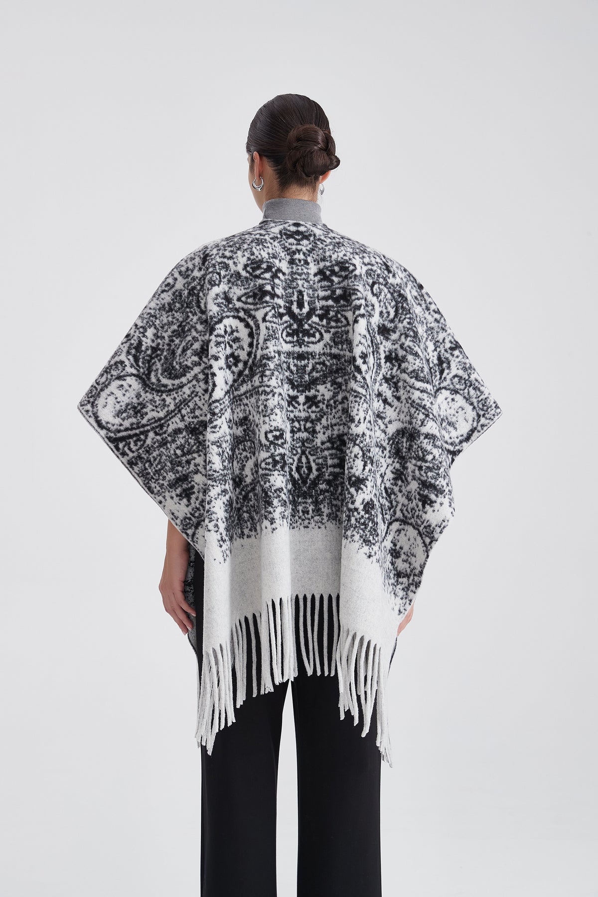 Long Patterned Poncho with Fringes
