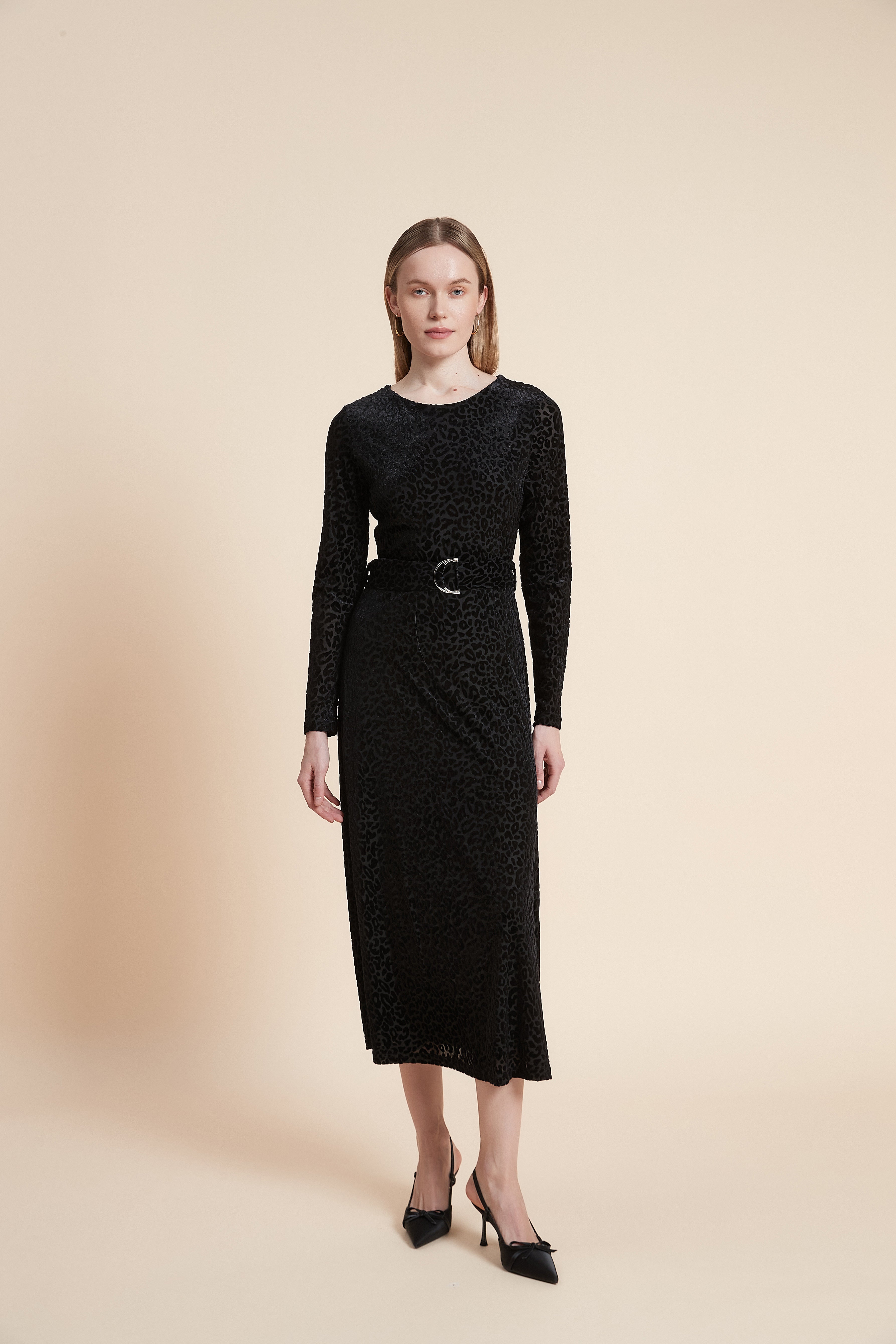 Print Midi Dress with Long Sleeves