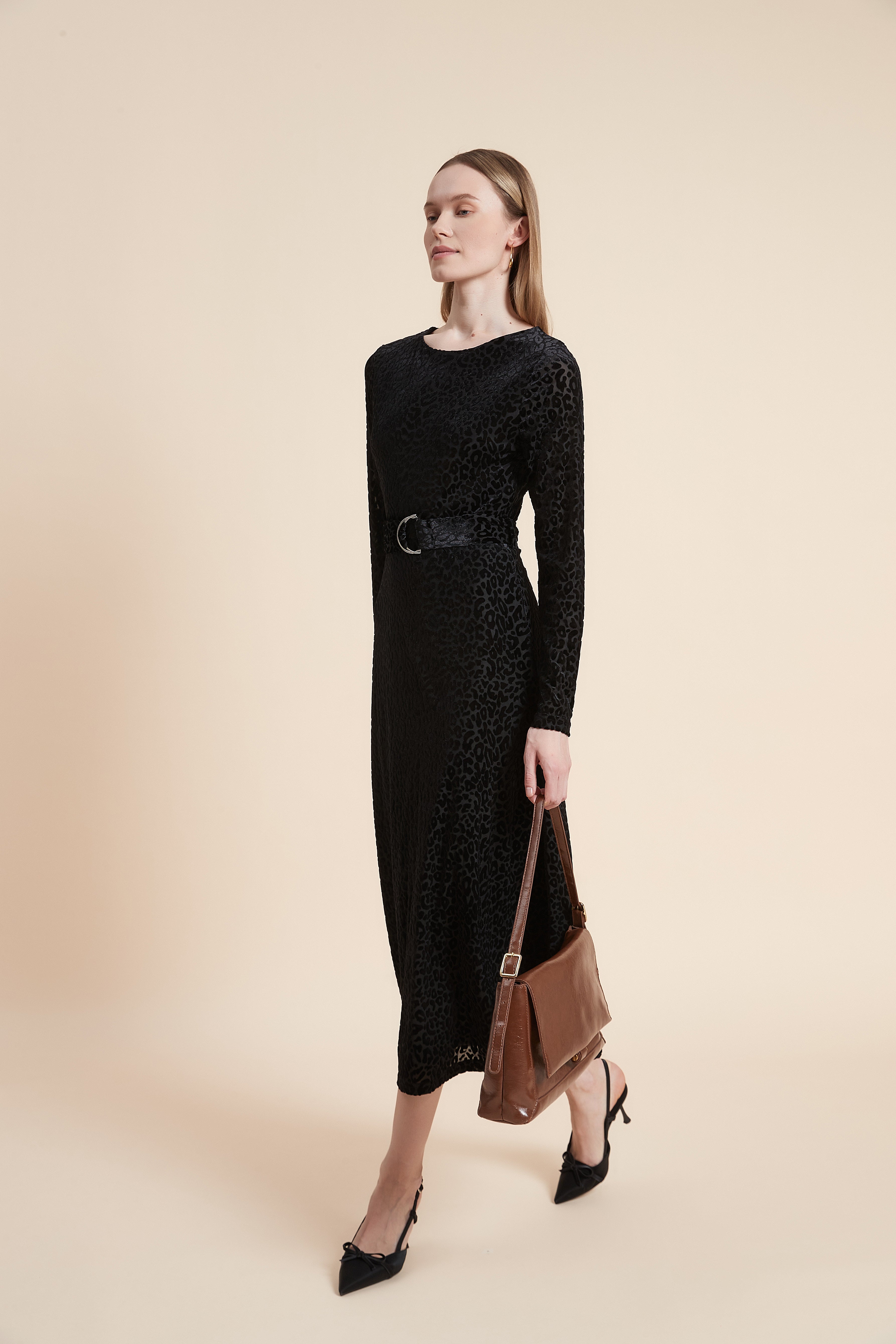 Print Midi Dress with Long Sleeves