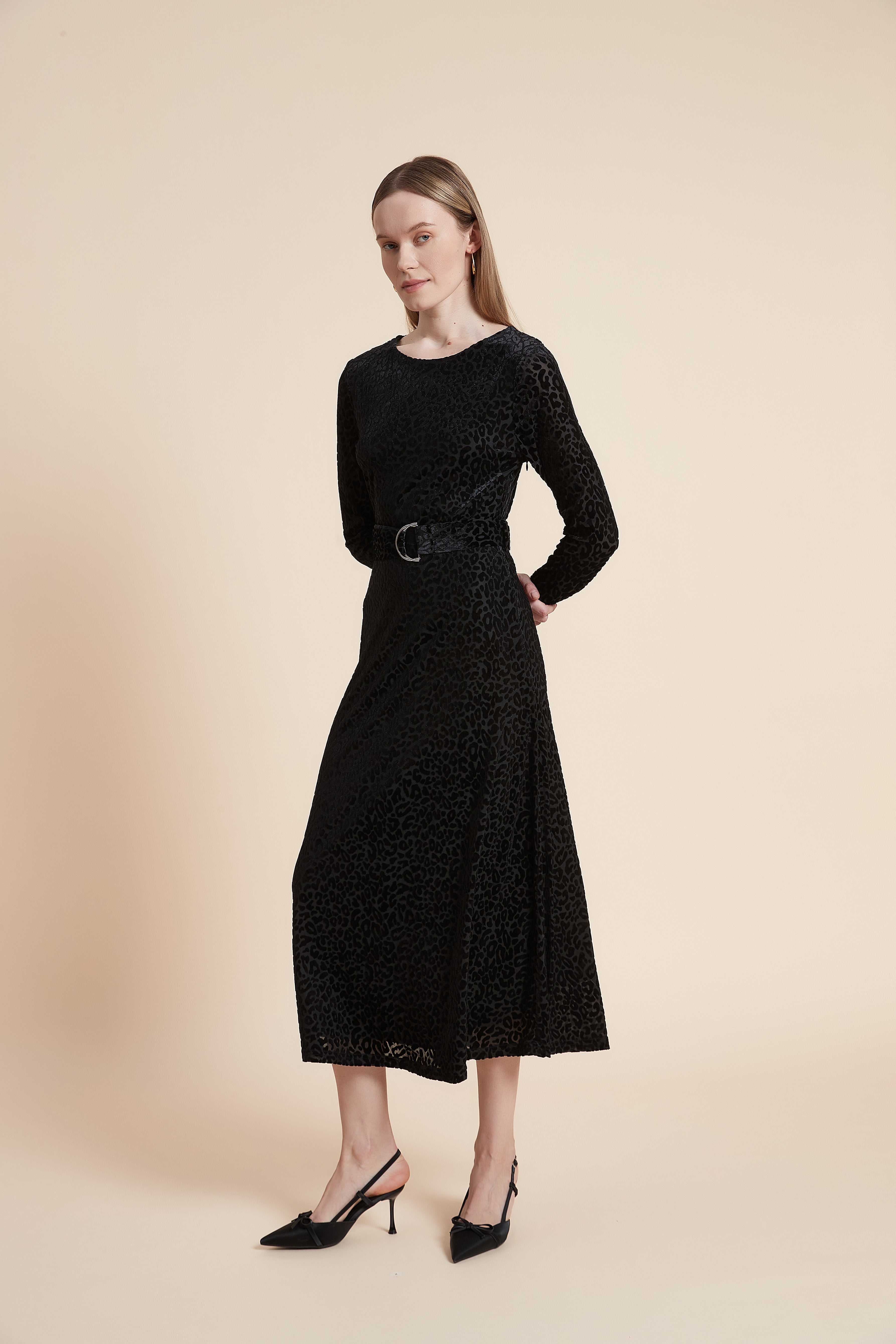 Print Midi Dress with Long Sleeves