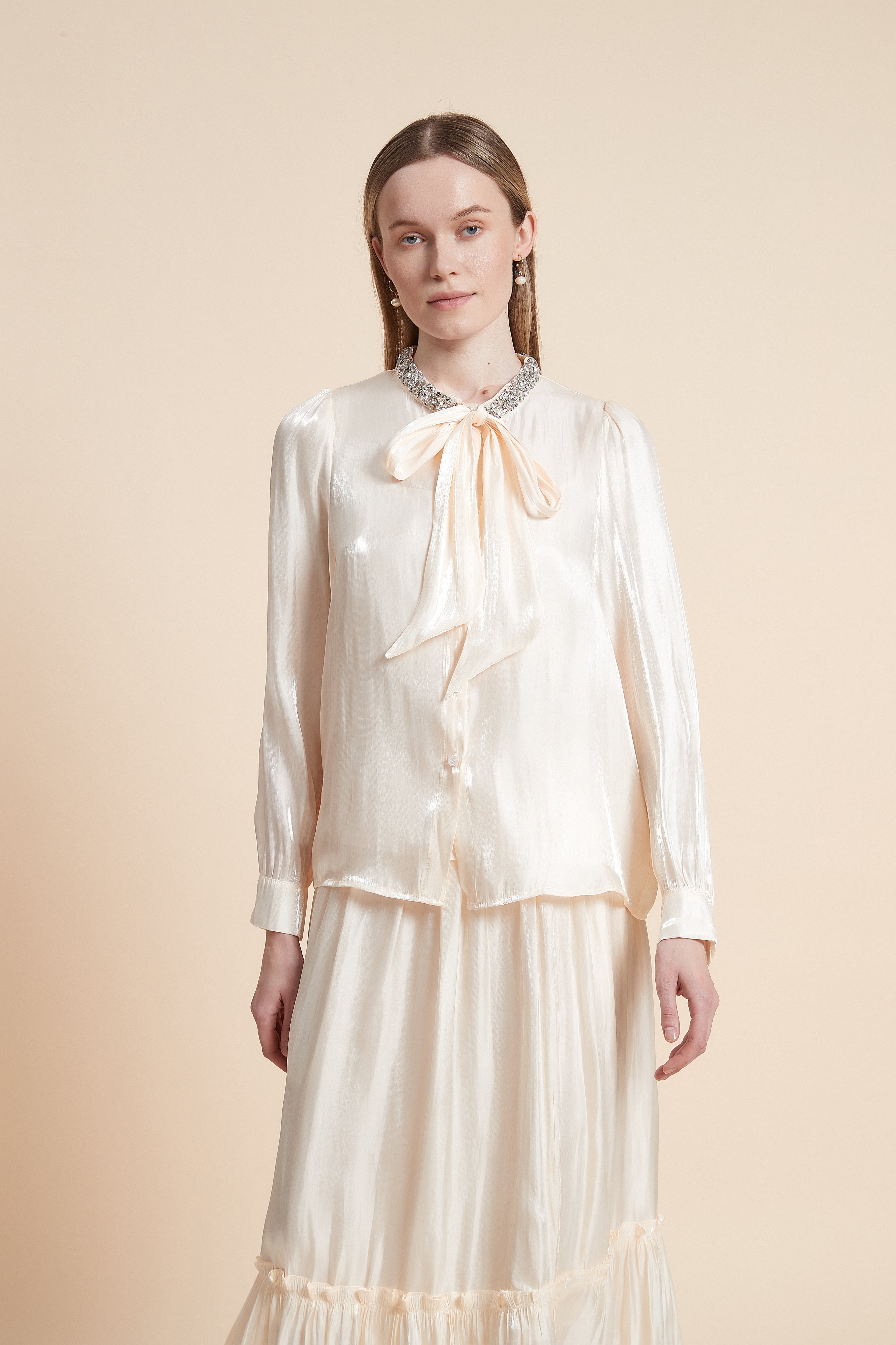 Long Sleeve Blouse with Neck Tie