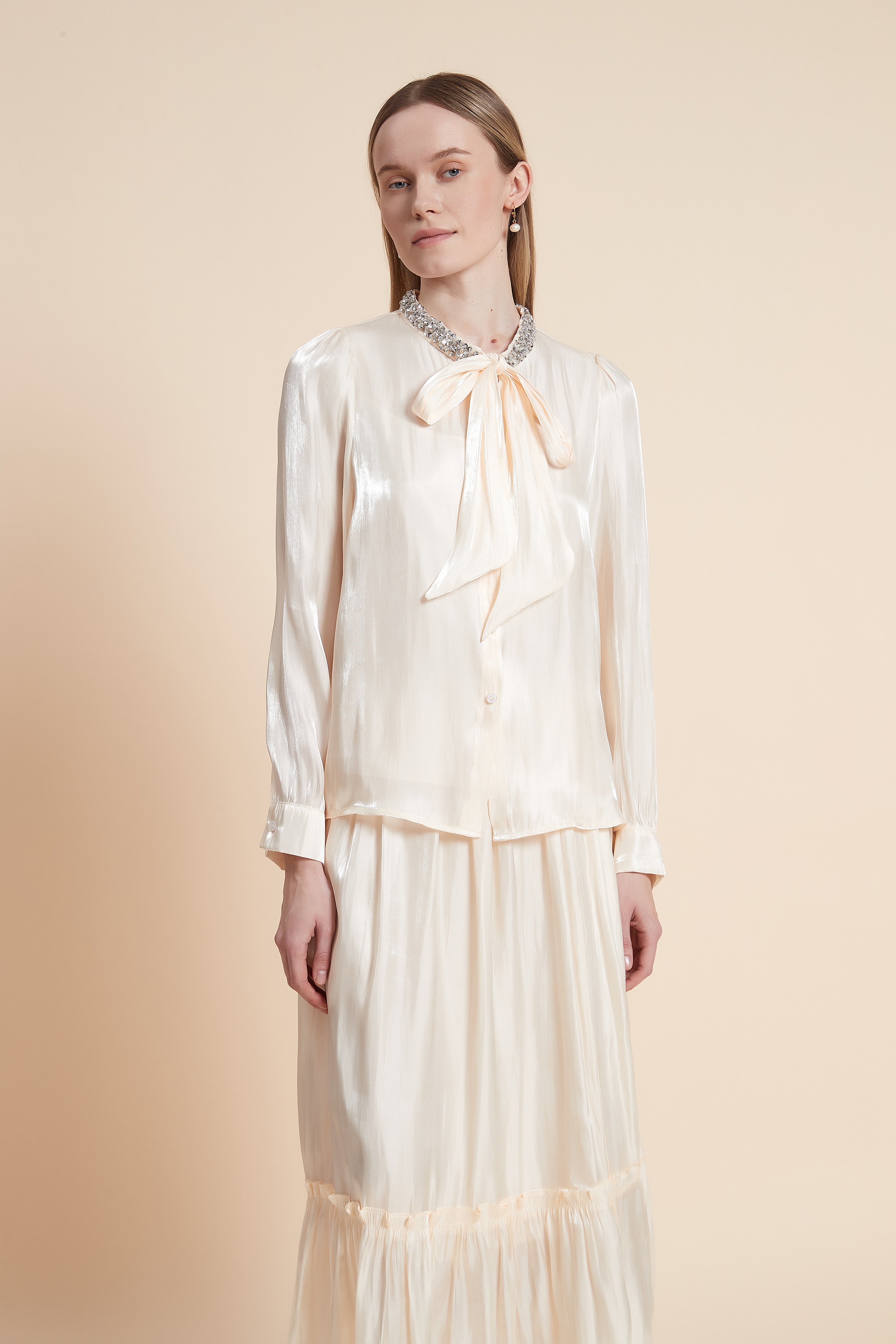 Long Sleeve Blouse with Neck Tie