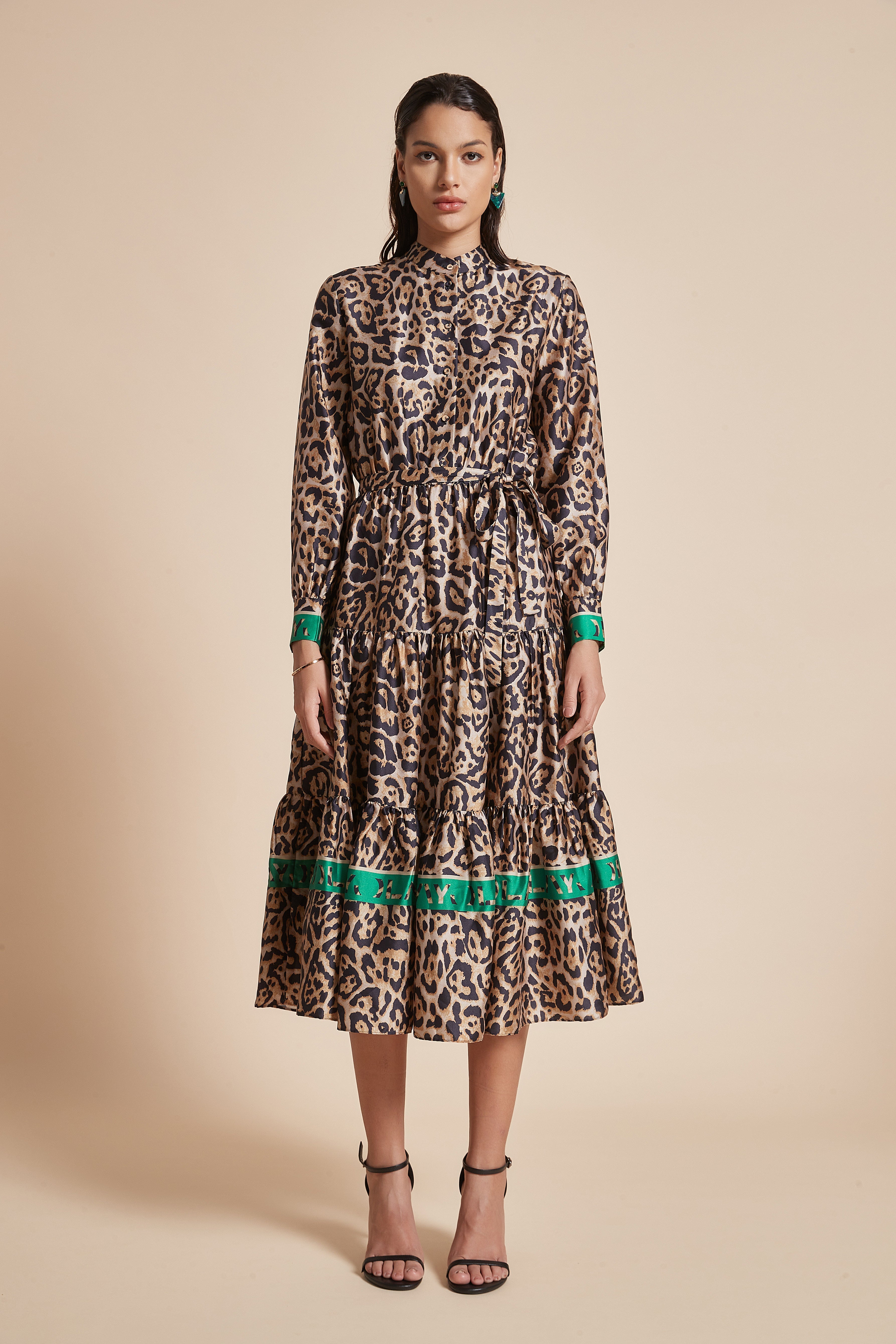 Yola Midi Dress with Long Sleeves and Leopard Print