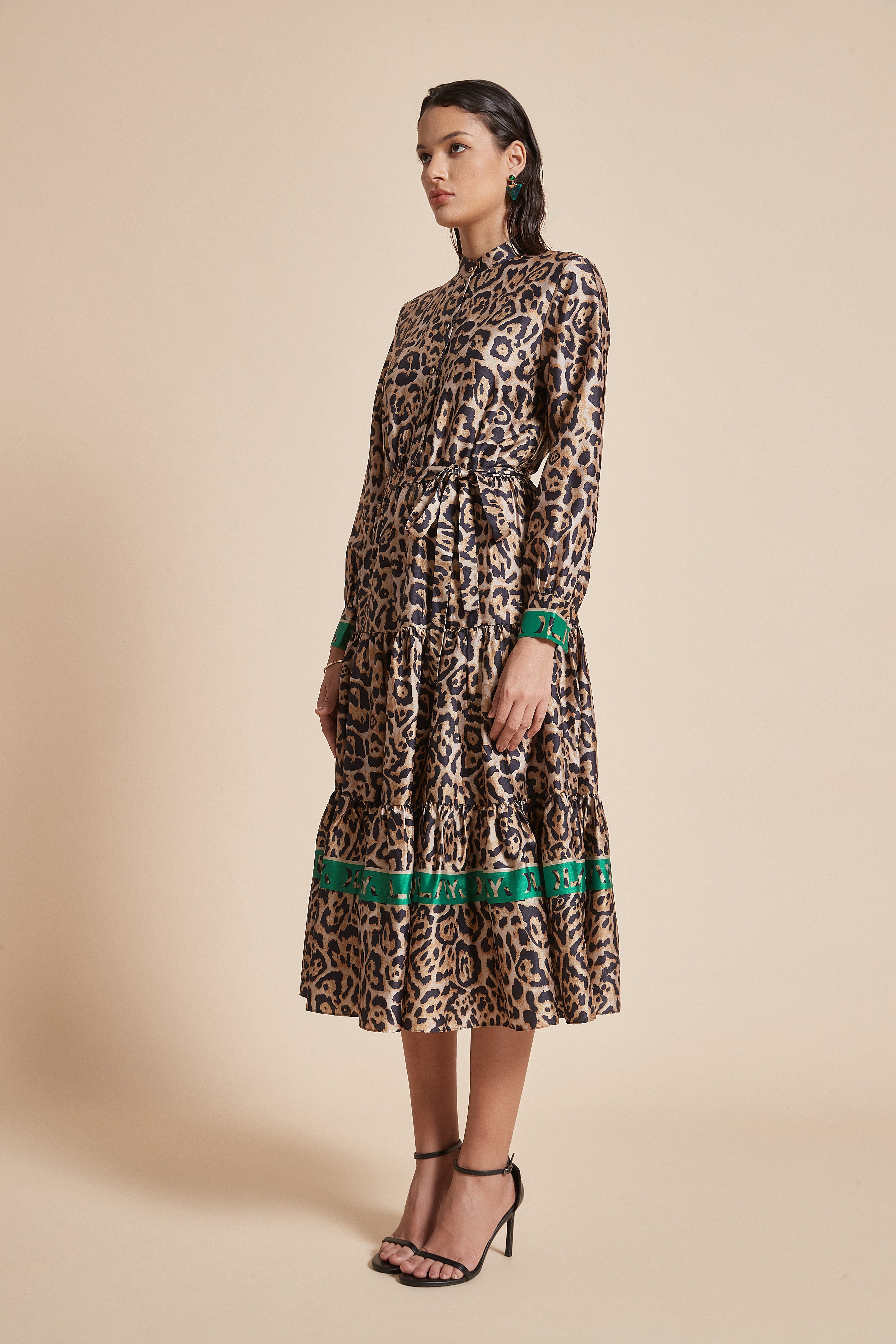 Yola Midi Dress with Long Sleeves and Leopard Print