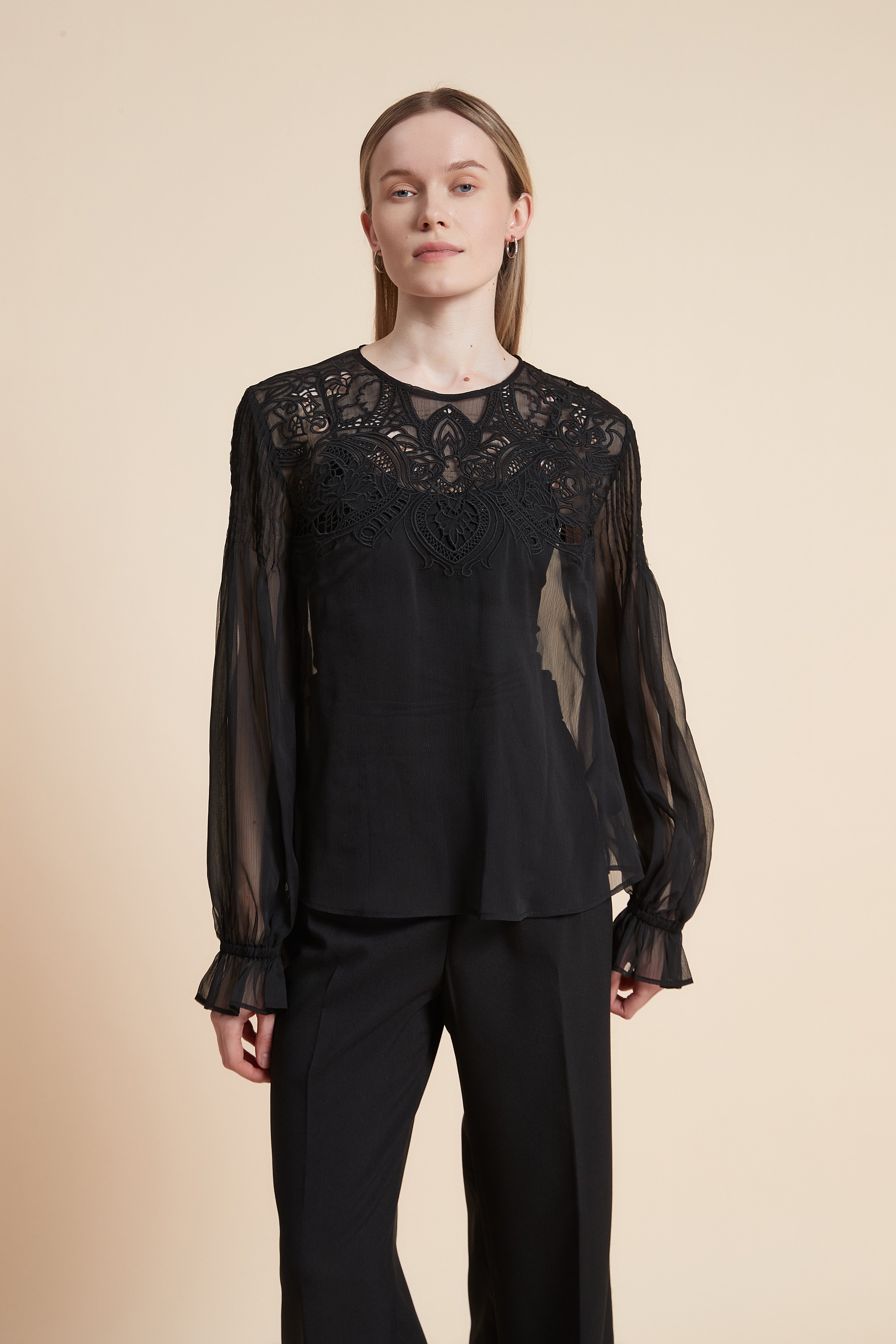 Plain Long Sleeve Embroidered Waist Top