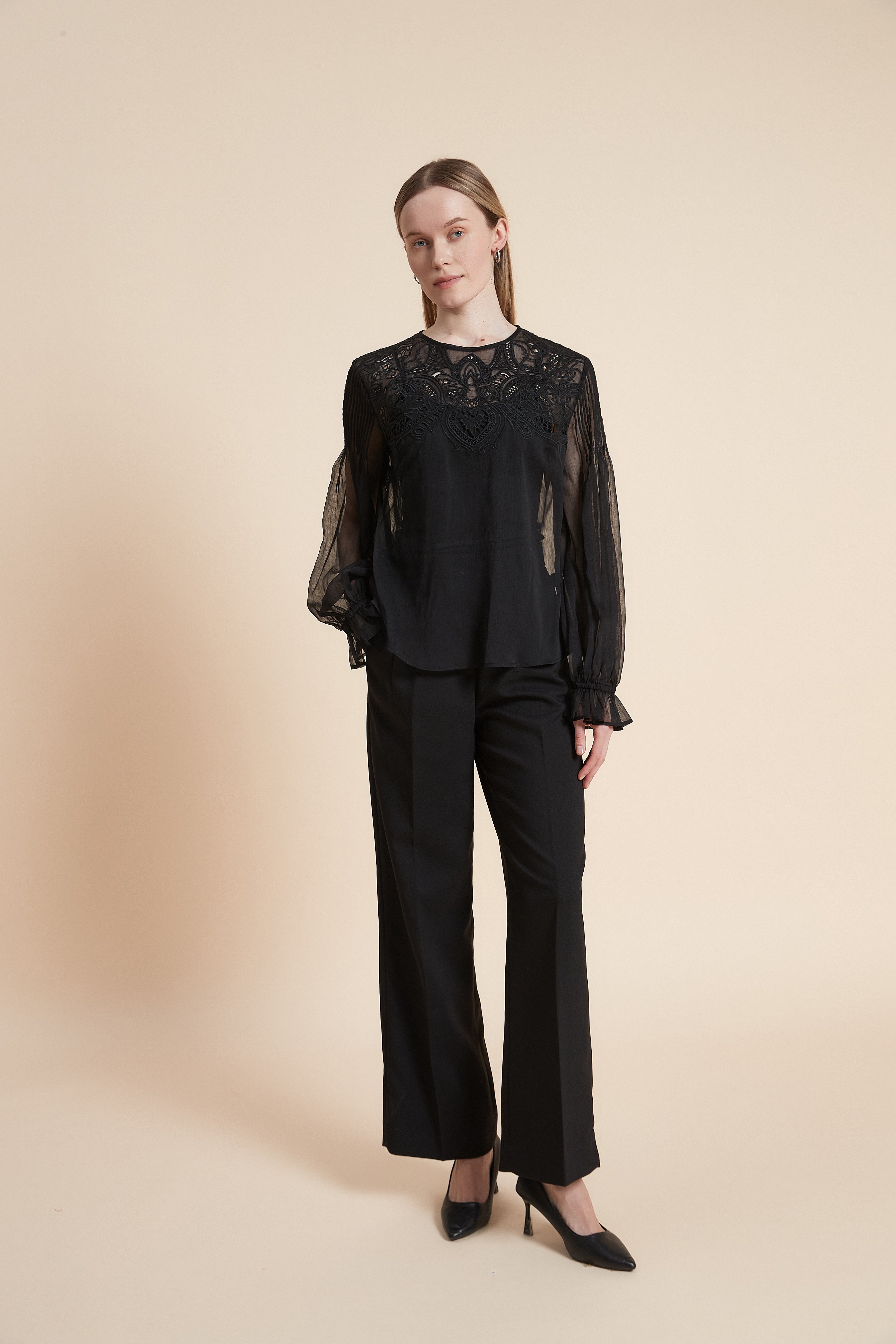 Plain Long Sleeve Embroidered Waist Top