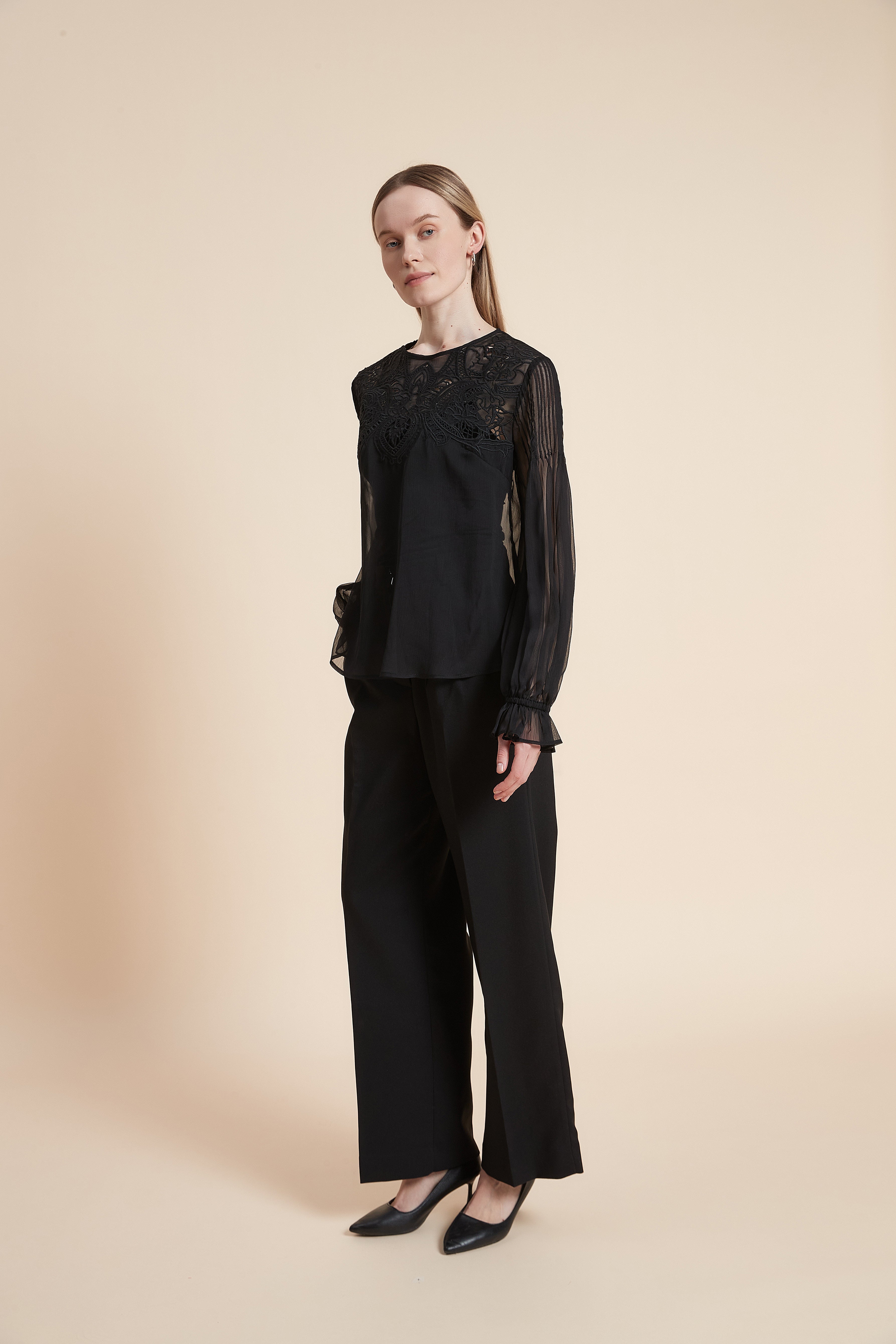 Plain Long Sleeve Embroidered Waist Top