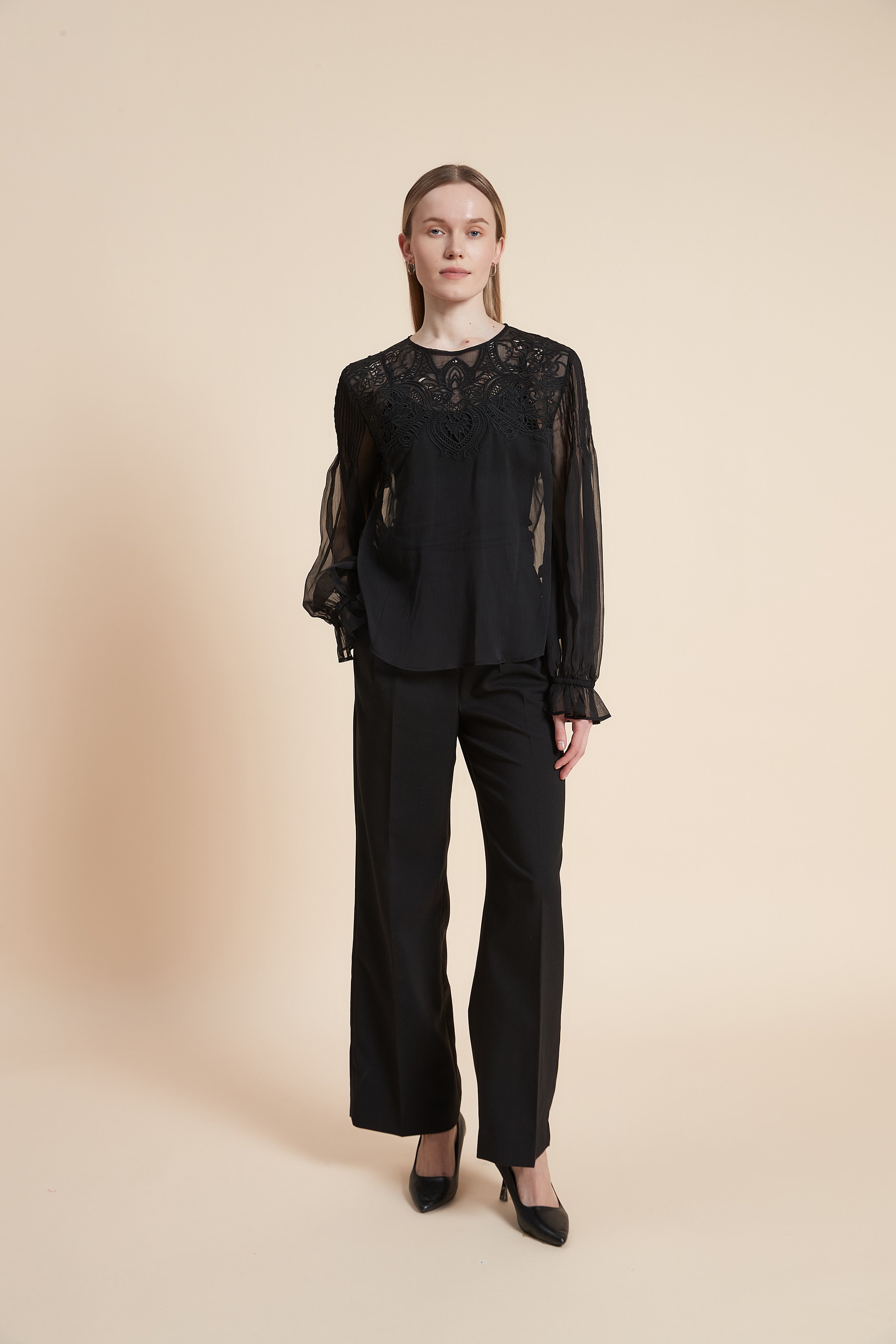 Plain Long Sleeve Embroidered Waist Top