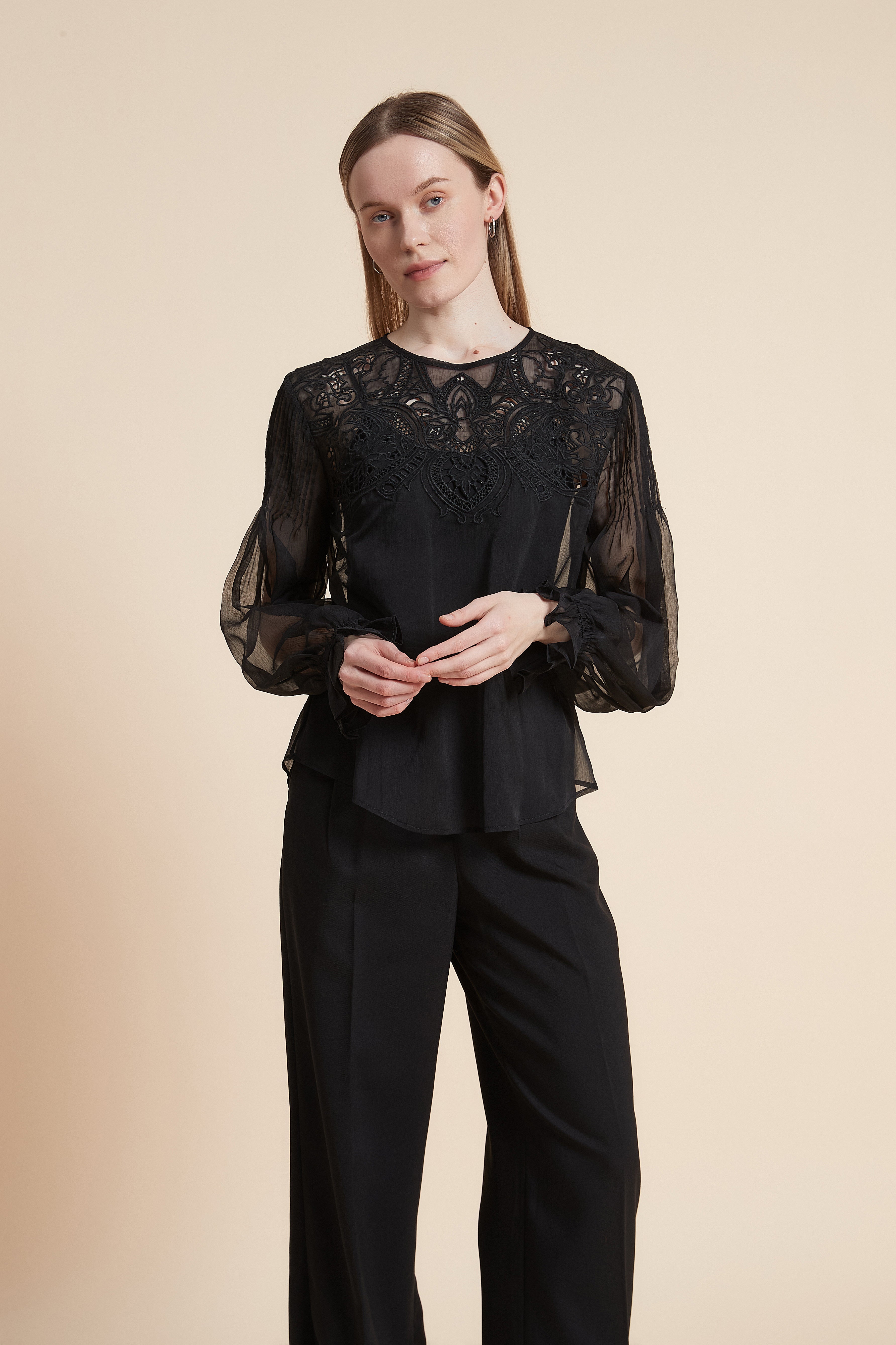 Plain Long Sleeve Embroidered Waist Top