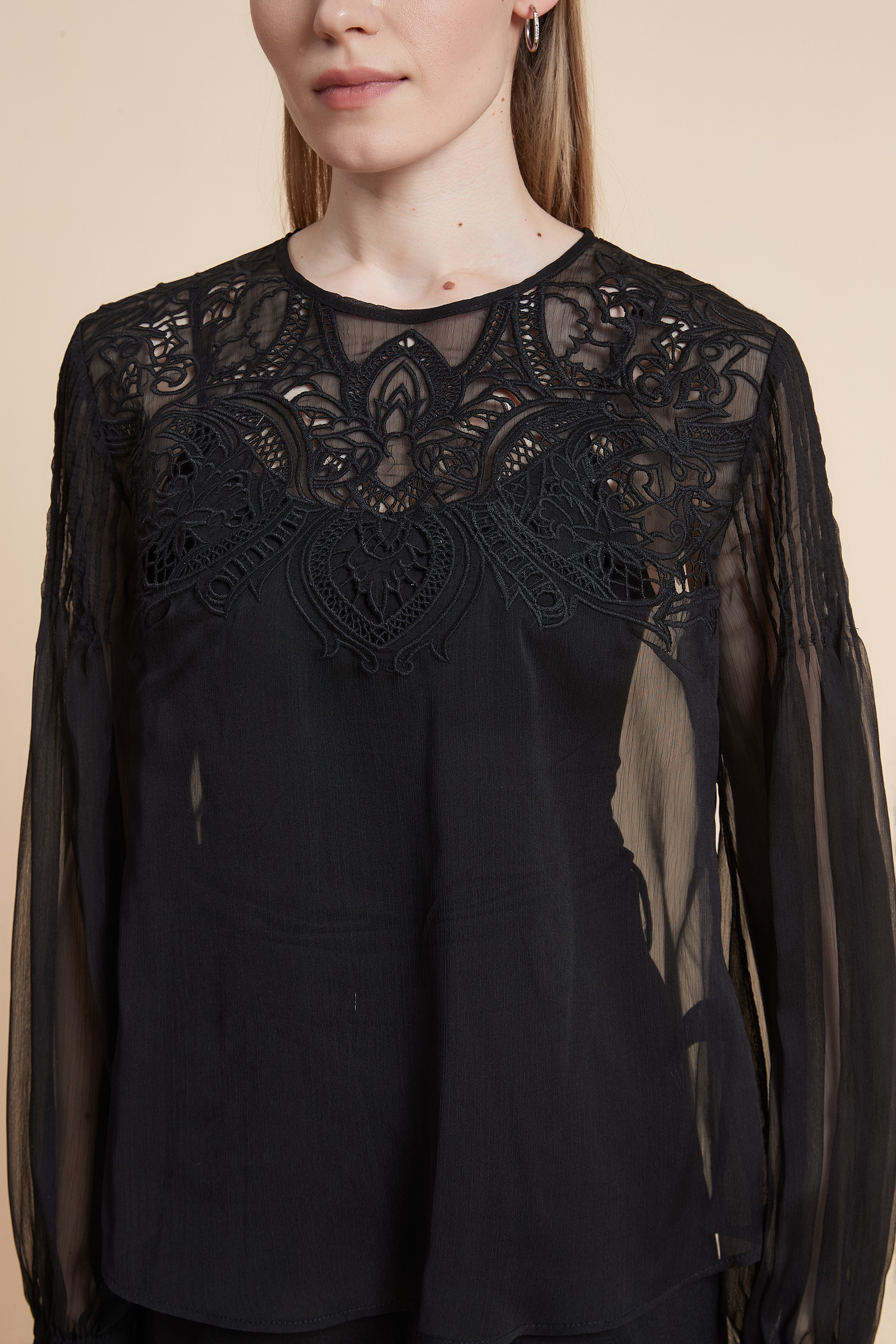 Plain Long Sleeve Embroidered Waist Top