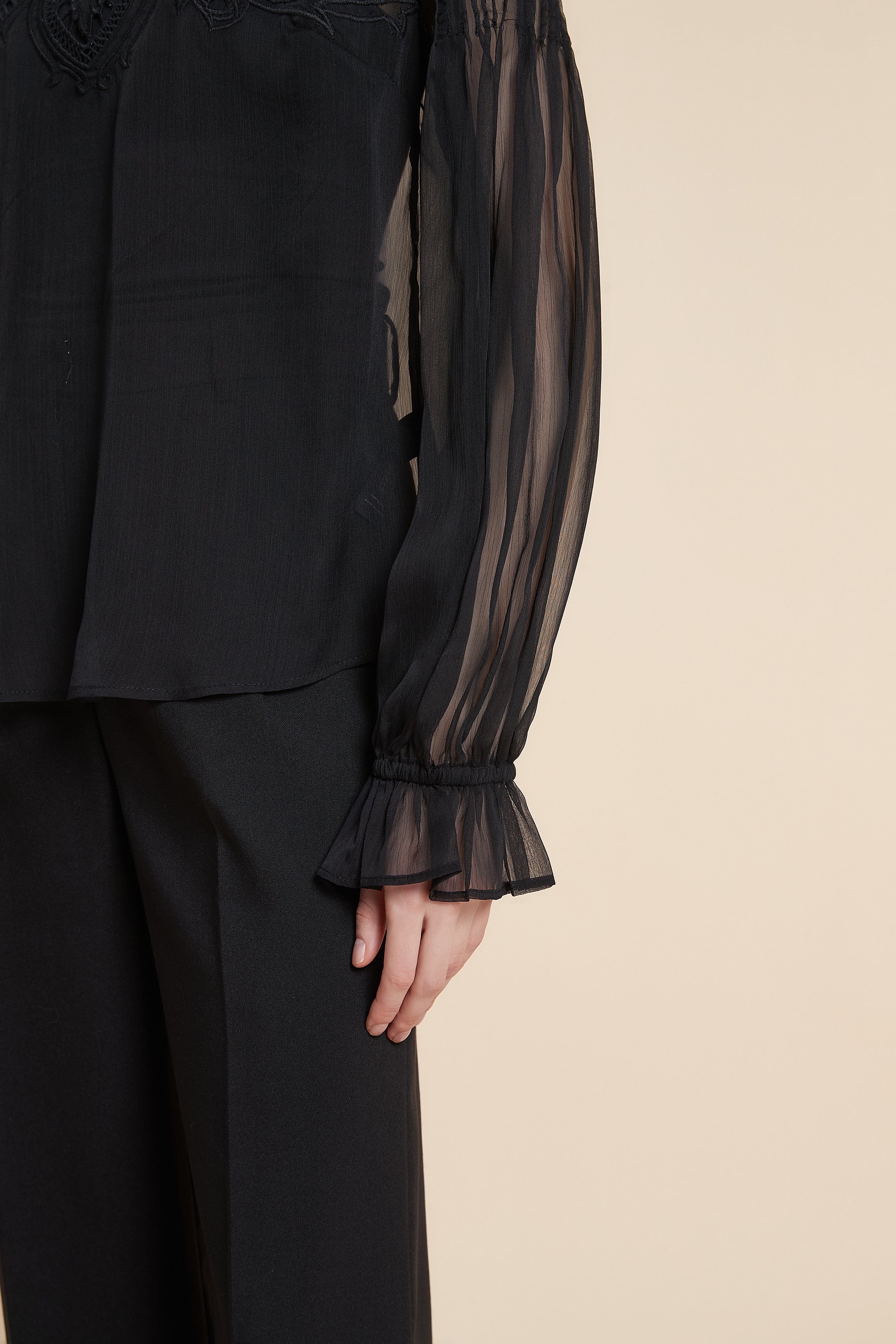 Plain Long Sleeve Embroidered Waist Top