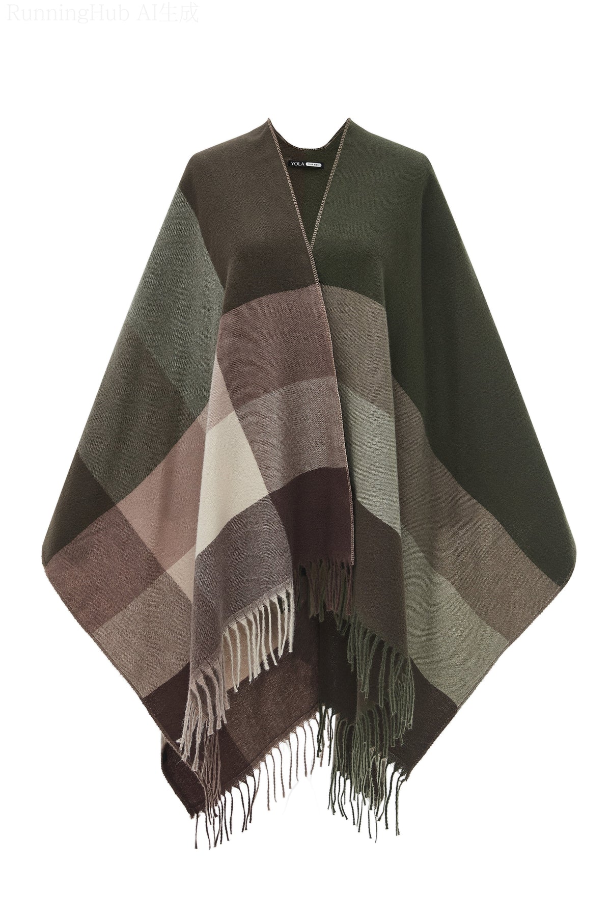 Checked Poncho with Fringes