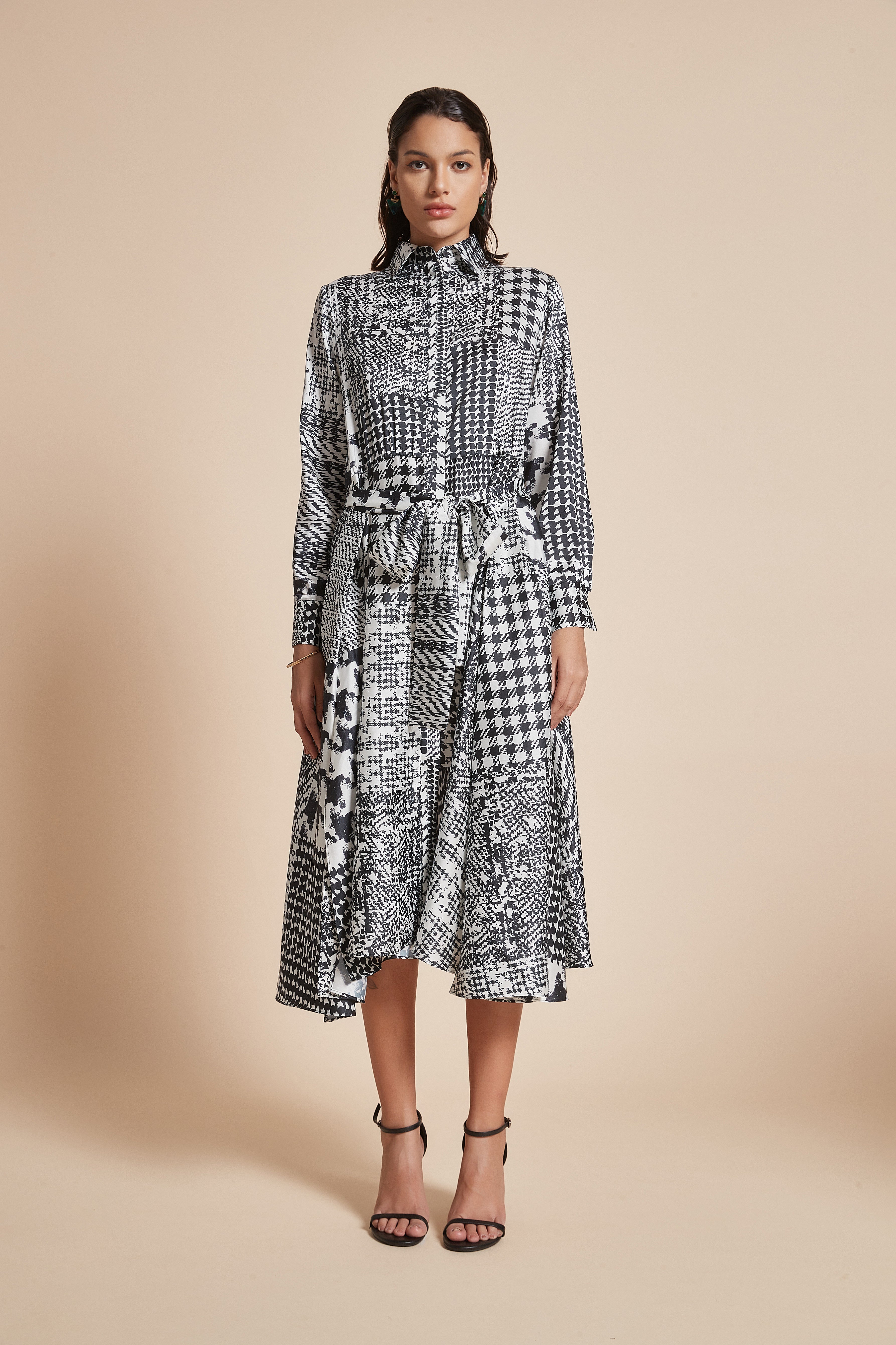 Yola Printed Midi Dress with Long Sleeves and Waist Belt