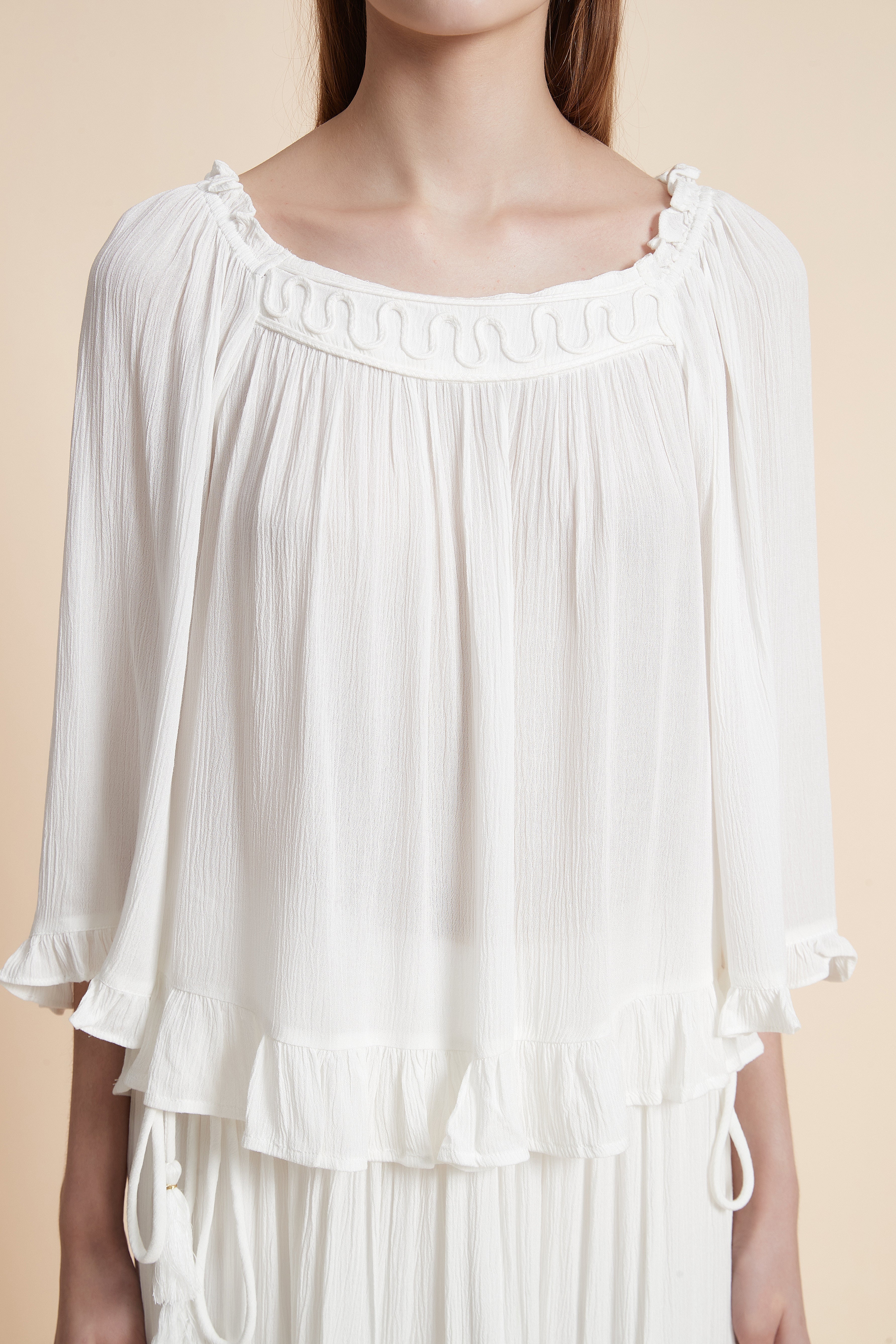 Embroidered Long Sleeve Blouse with Square Neck