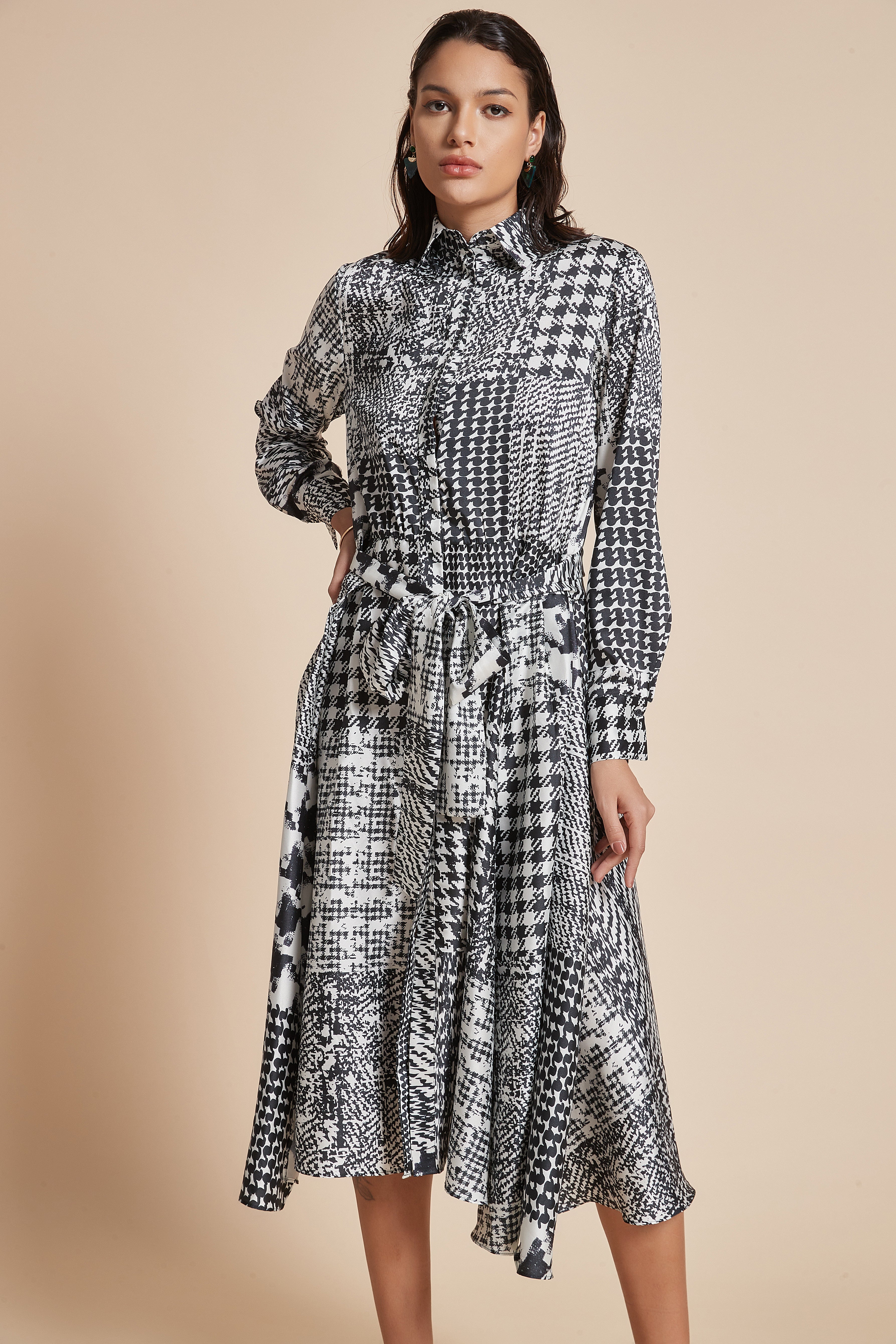 Yola Printed Midi Dress with Long Sleeves and Waist Belt