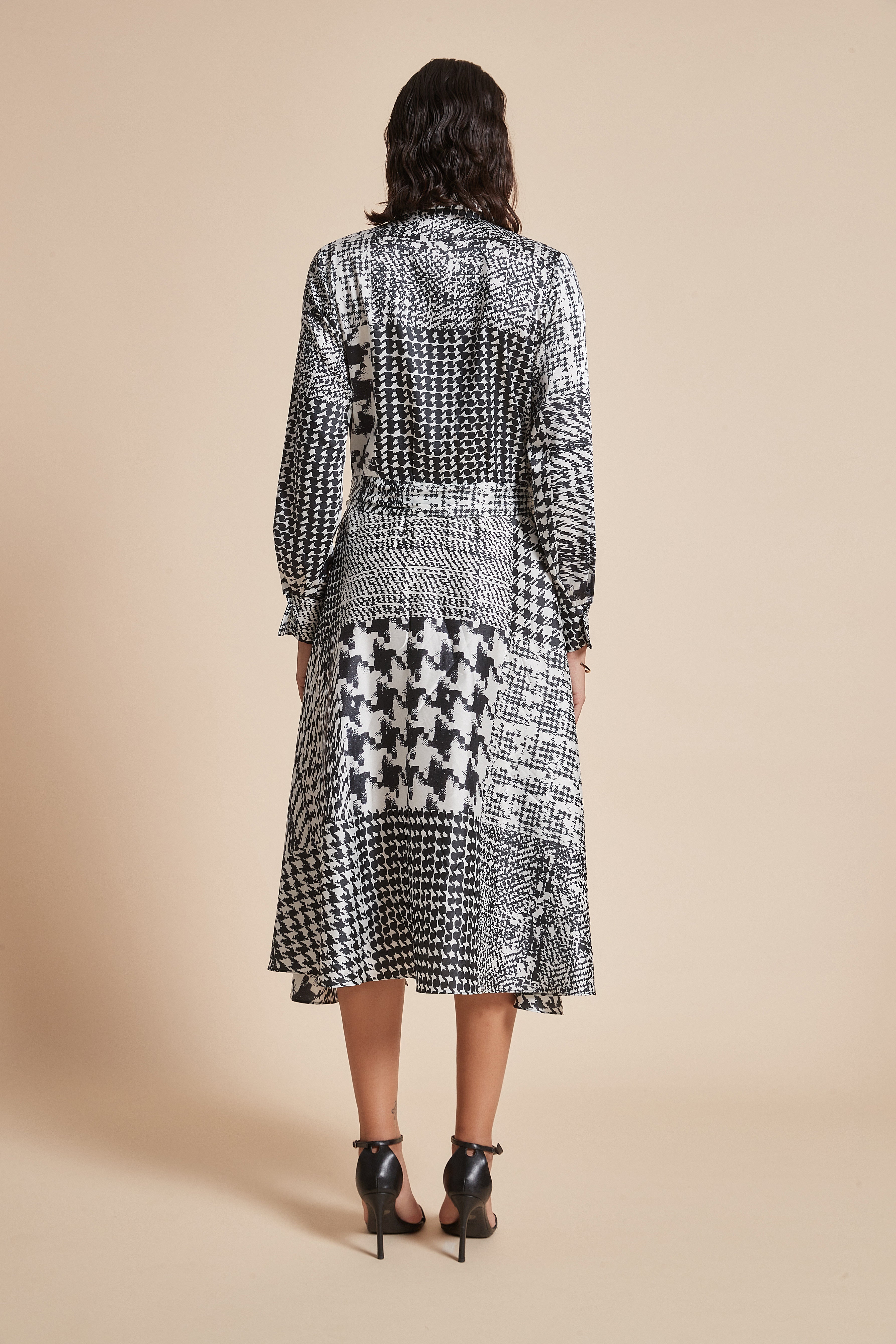 Yola Printed Midi Dress with Long Sleeves and Waist Belt