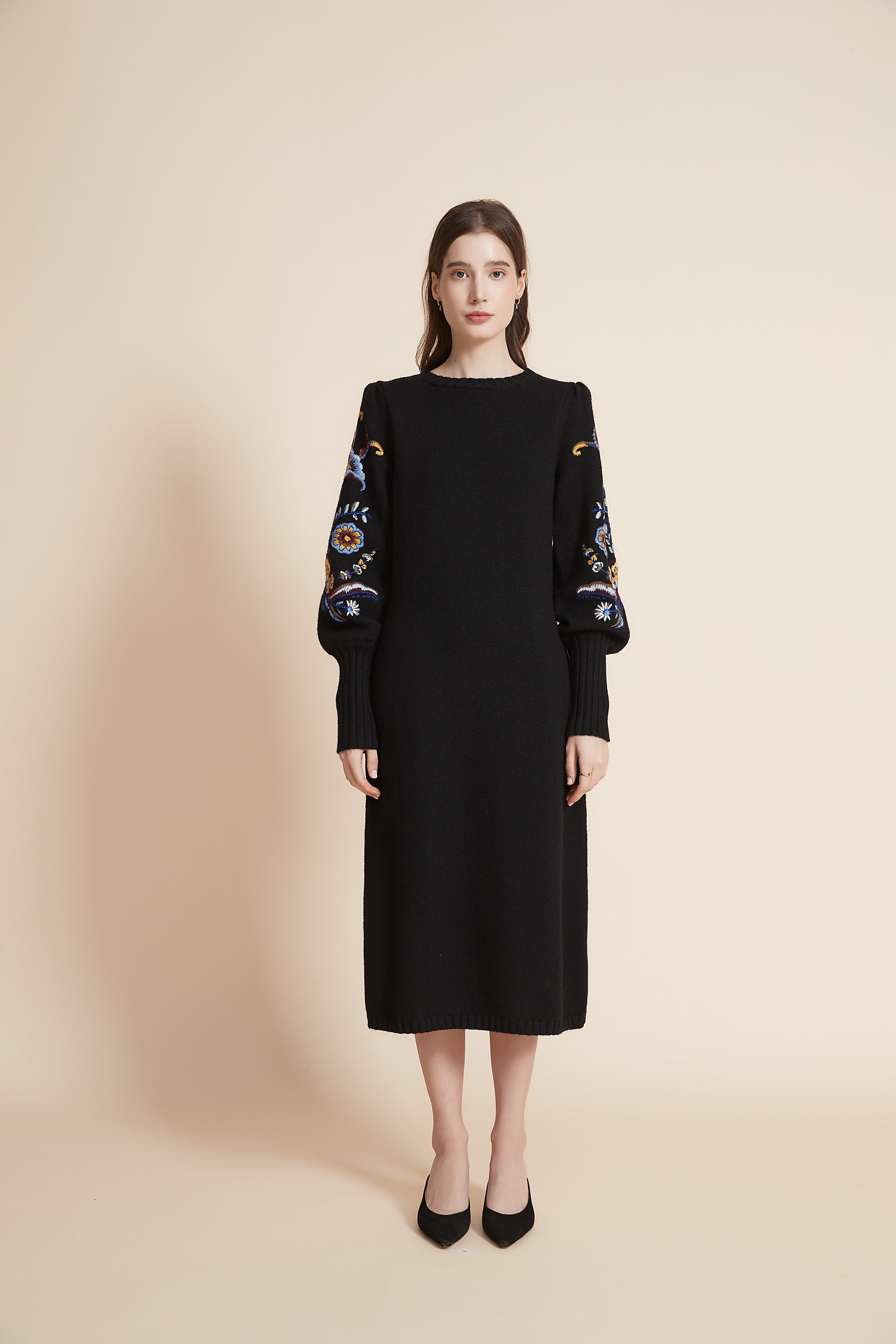 Yola Embroidered Long Sleeve Midi Dress