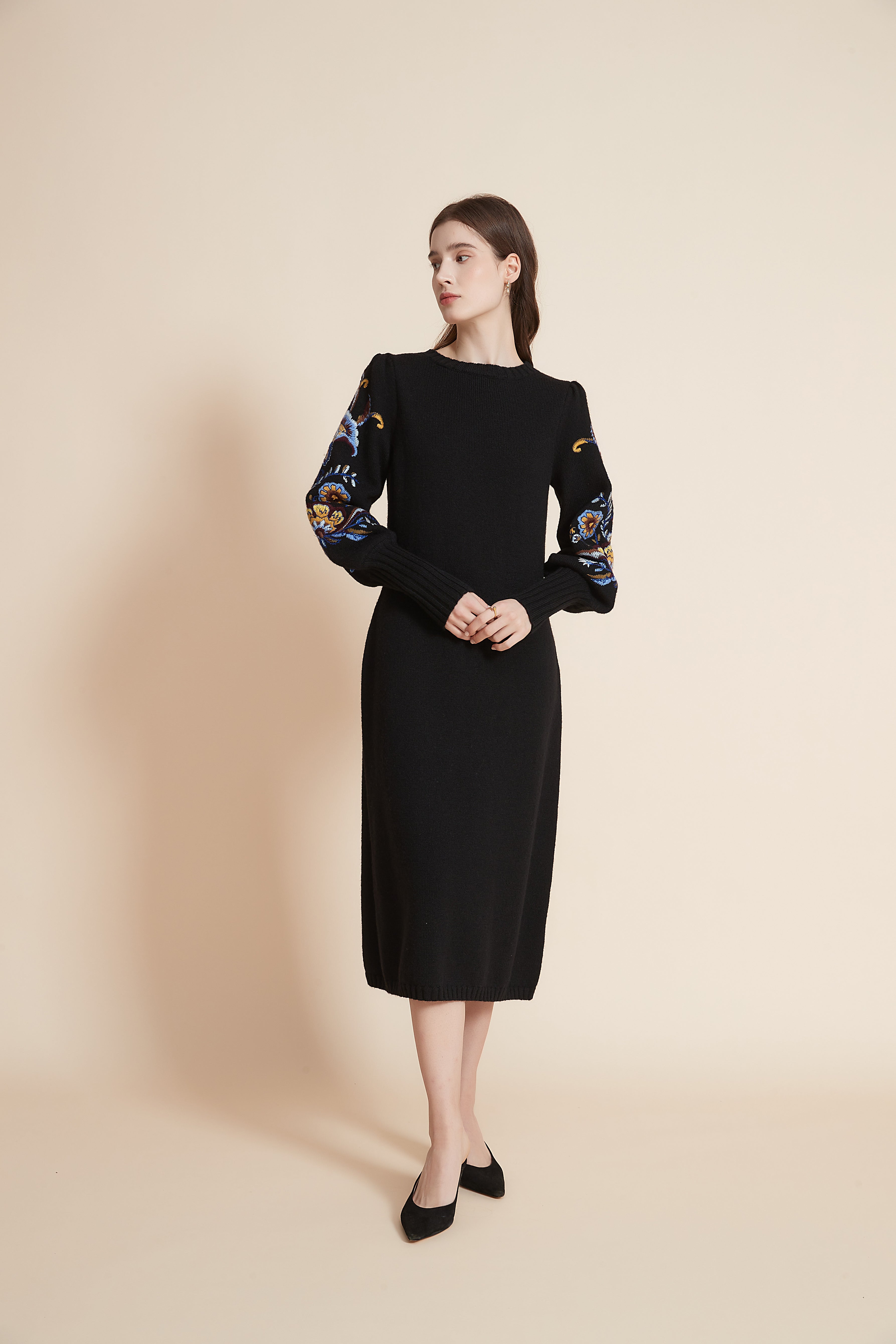 Embroidered Long Sleeve Midi Dress