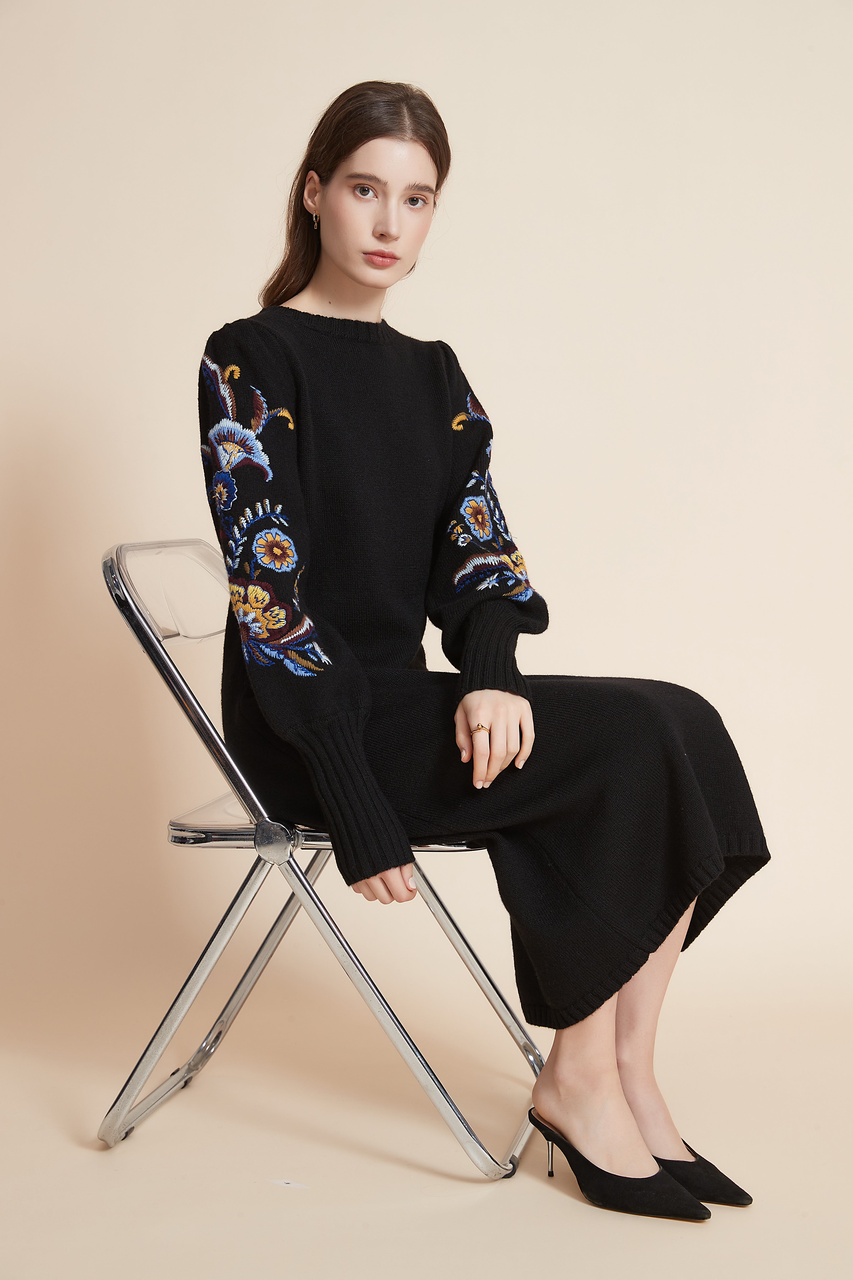 Yola Embroidered Long Sleeve Midi Dress