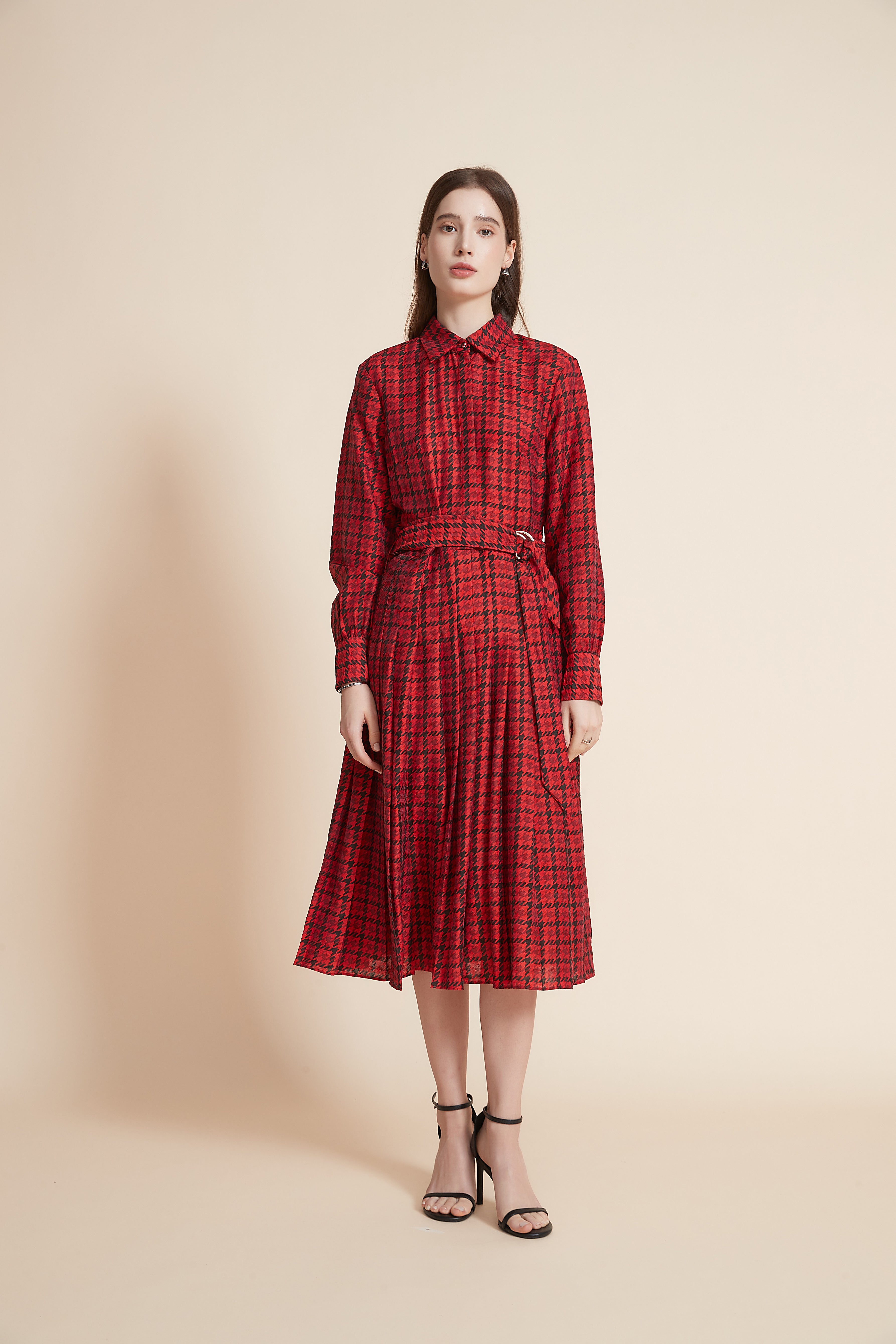 Checkered Midi Dress With High Waist Belt And Long Sleeves