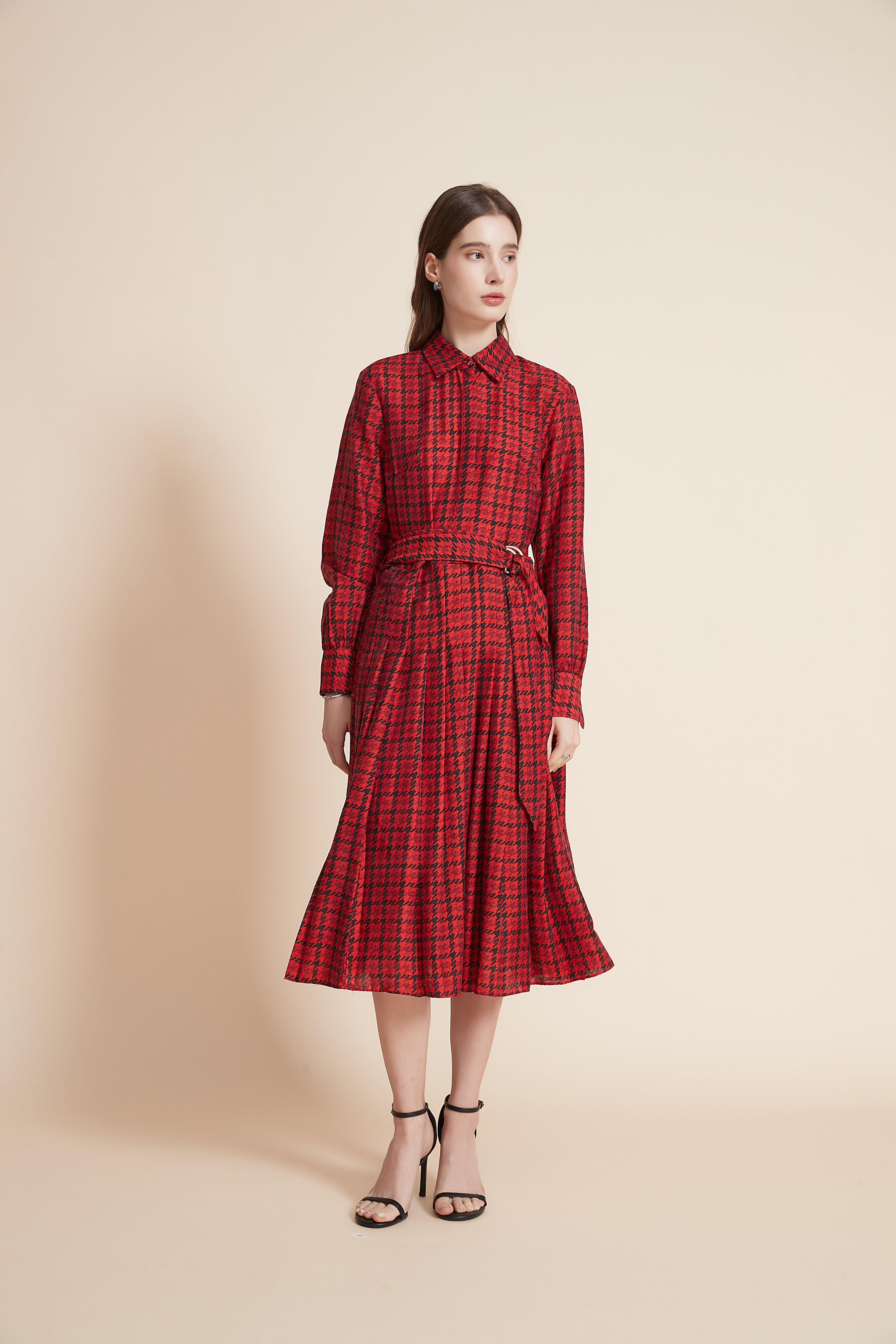 Checkered Midi Dress With High Waist Belt And Long Sleeves