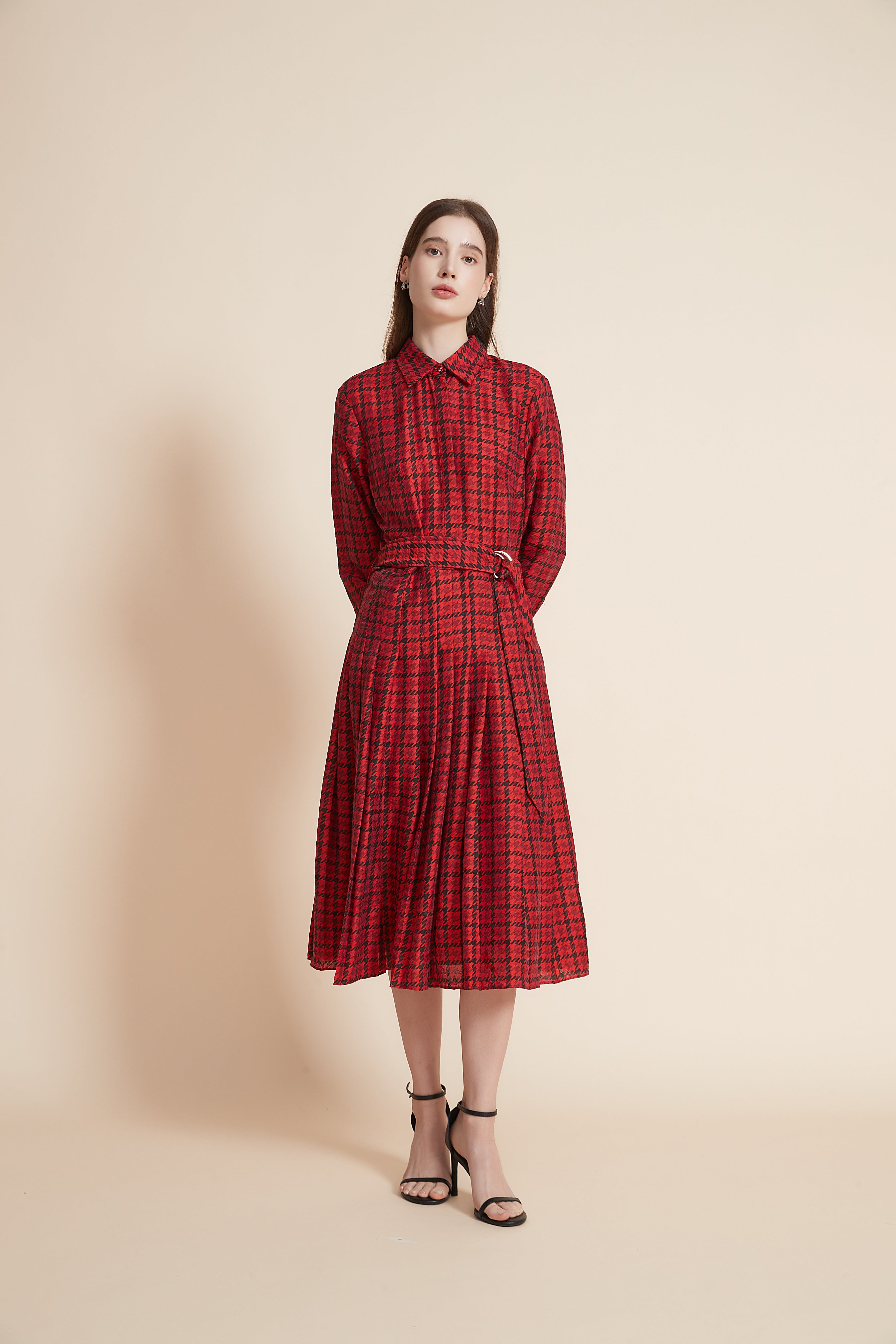 Checkered Midi Dress With High Waist Belt And Long Sleeves