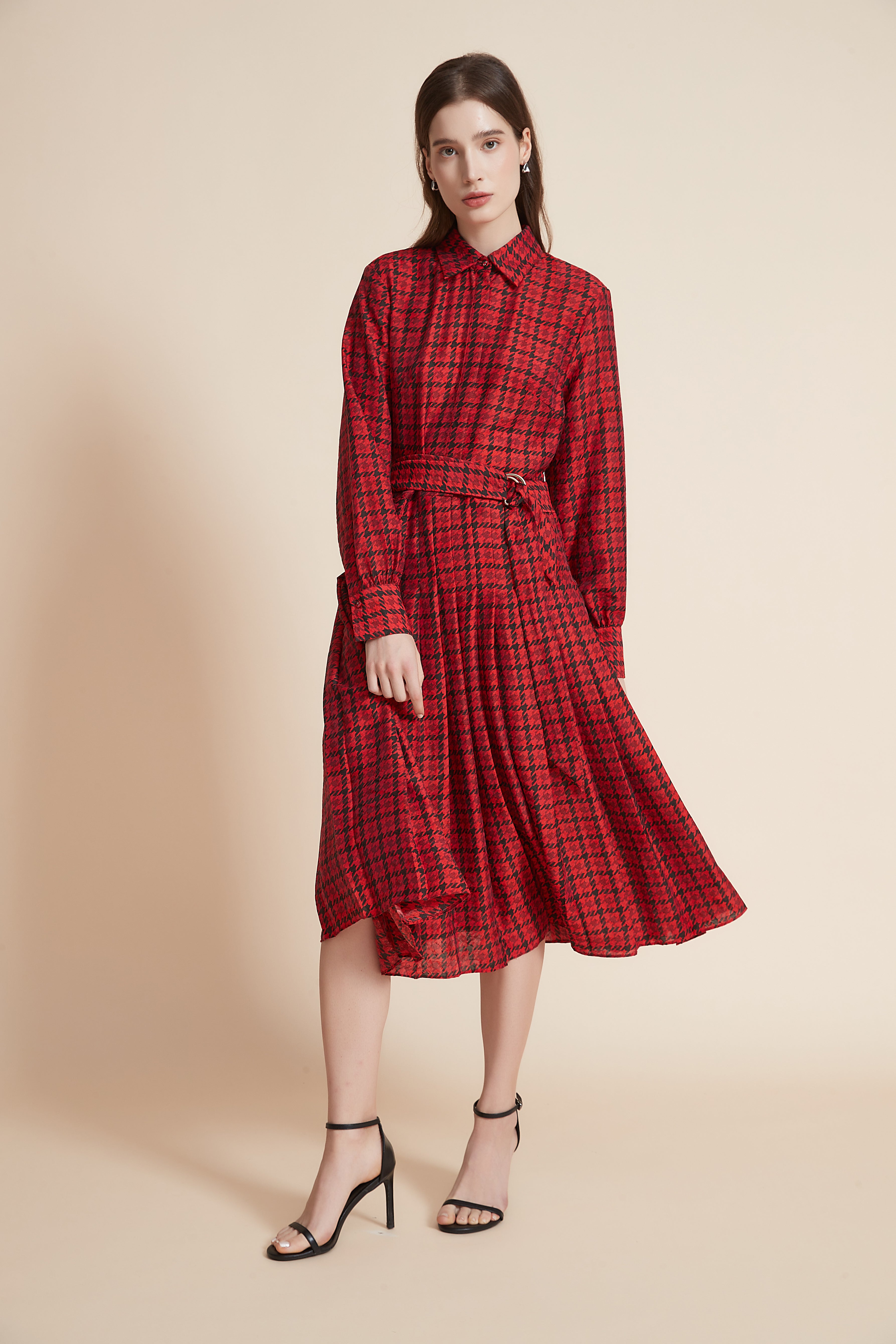 Yola Checkered Midi Dress with High Waist Belt and Long Sleeves