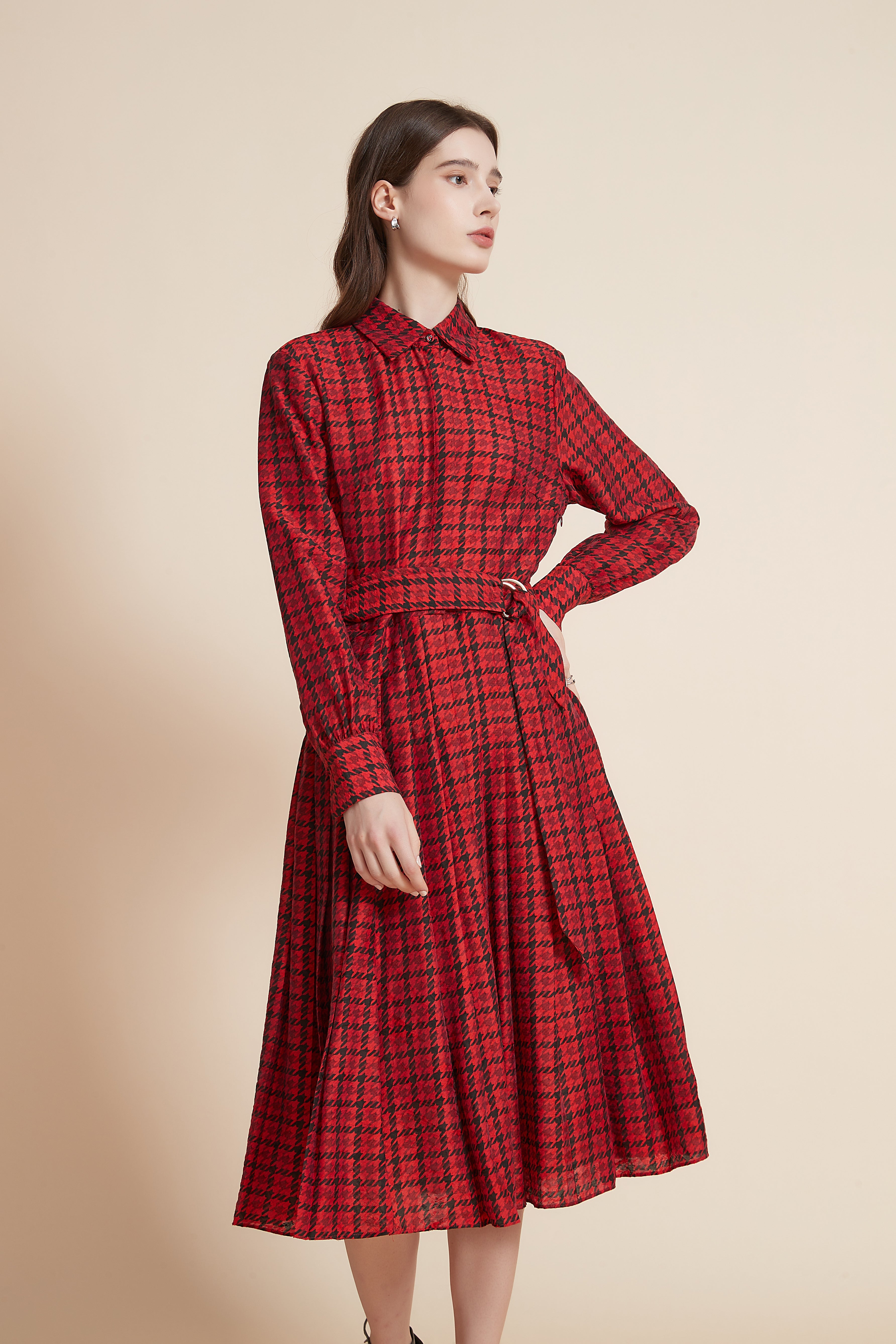 Checkered Midi Dress With High Waist Belt And Long Sleeves