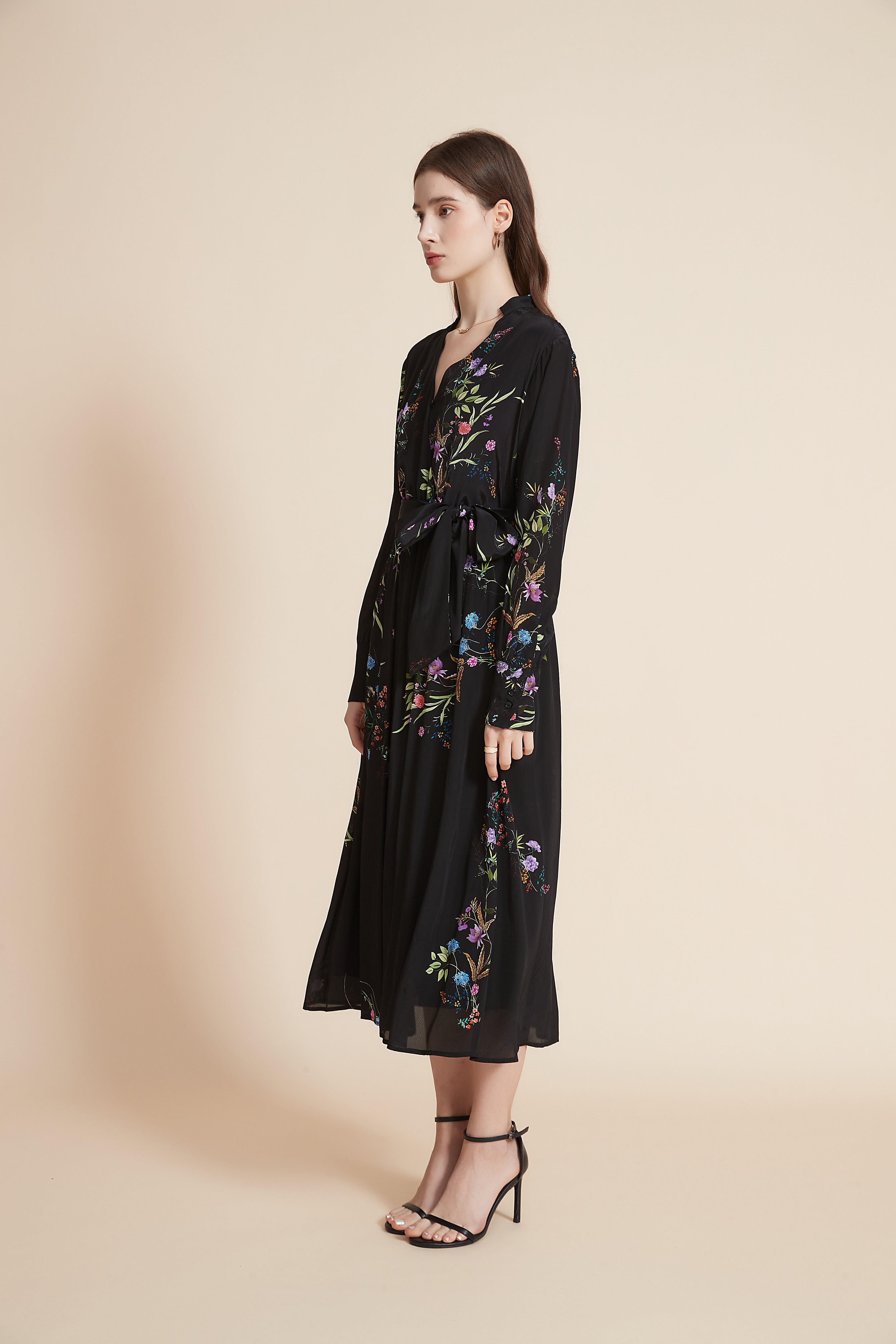 Midi Dress With Long Sleeves And High Waist Belt